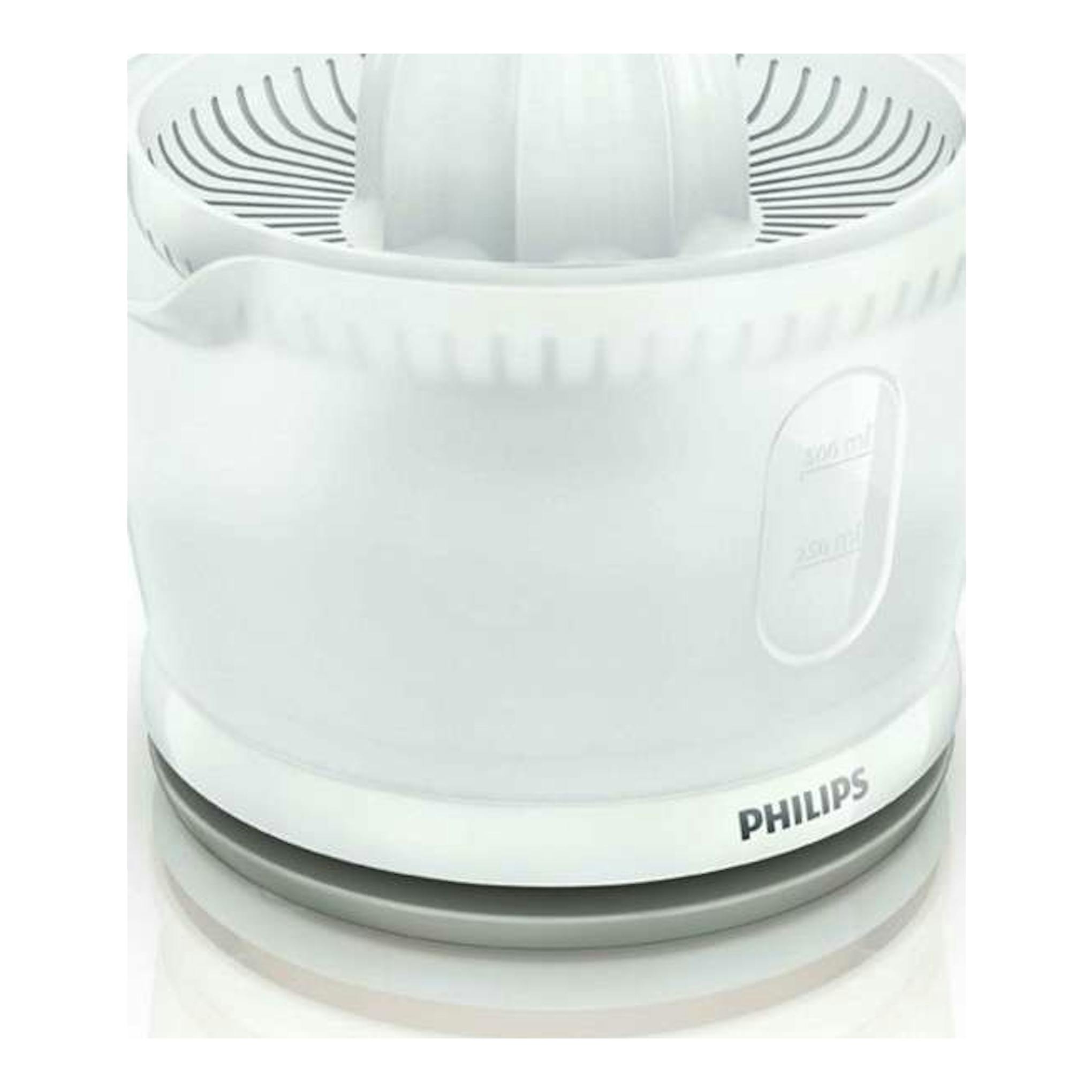 Exprimidor Philips HR2738/00 blanco, vista frontal en tres cuartos sobre fondo blanco.