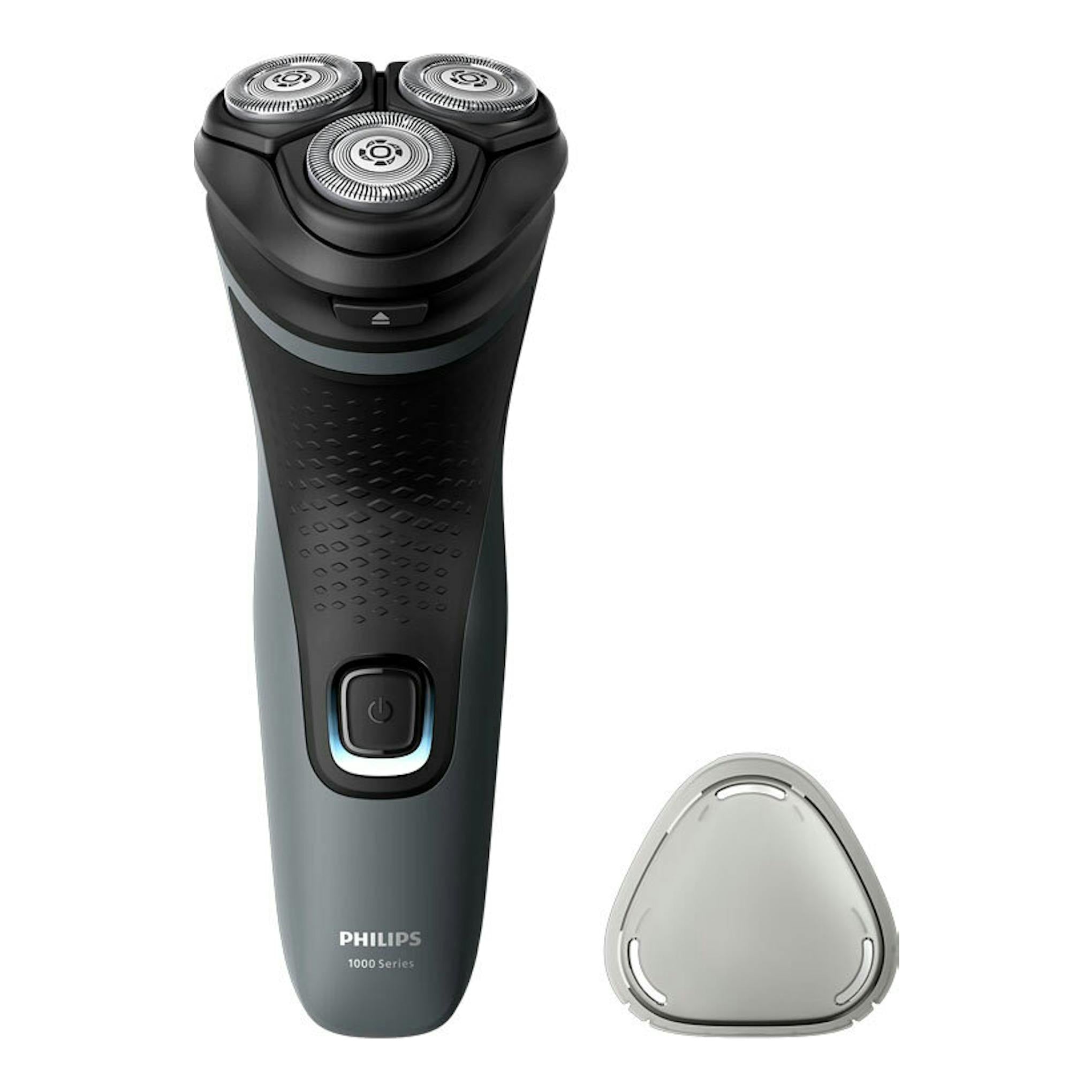 Afeitadora Philips S1142/00 negra, vista frontal, con cabezal de tres discos y tapa protectora gris.