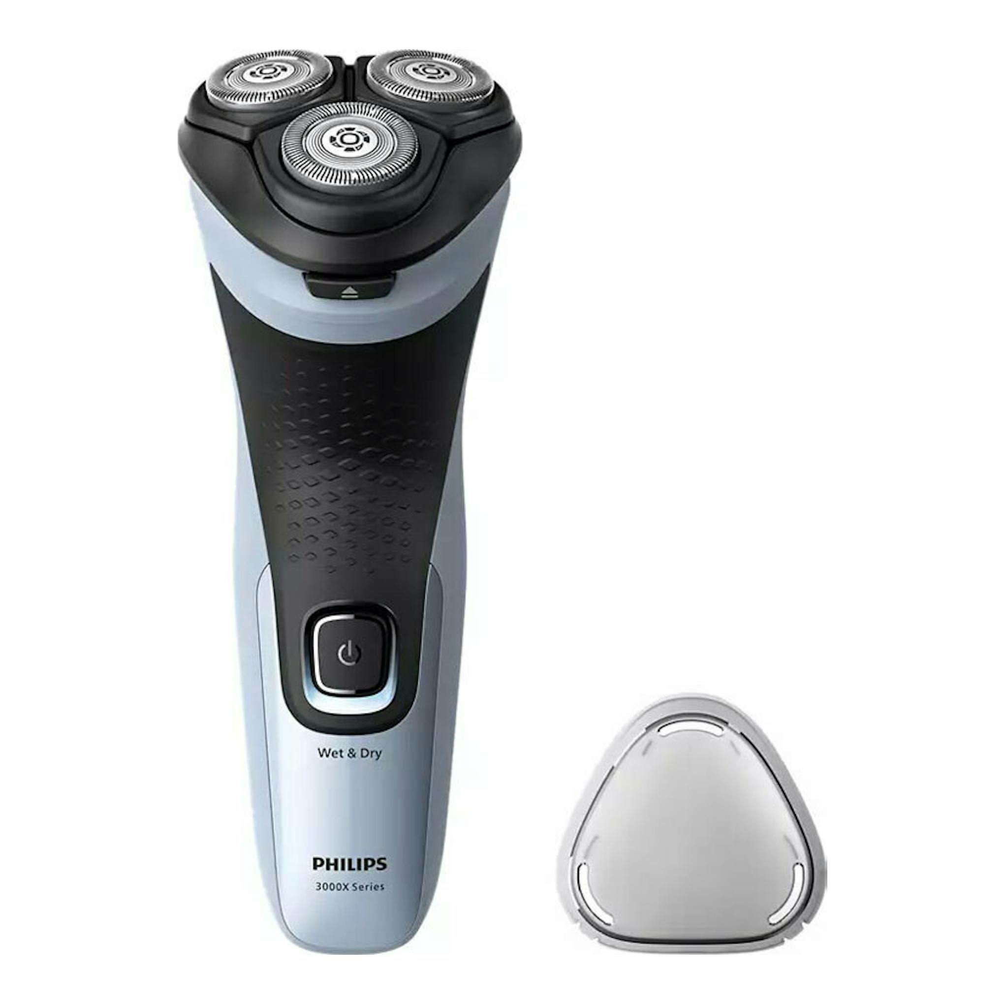 Afeitadora Philips X3003/00 negra y gris, vista frontal, con cabezal de tres discos y tapa protectora.