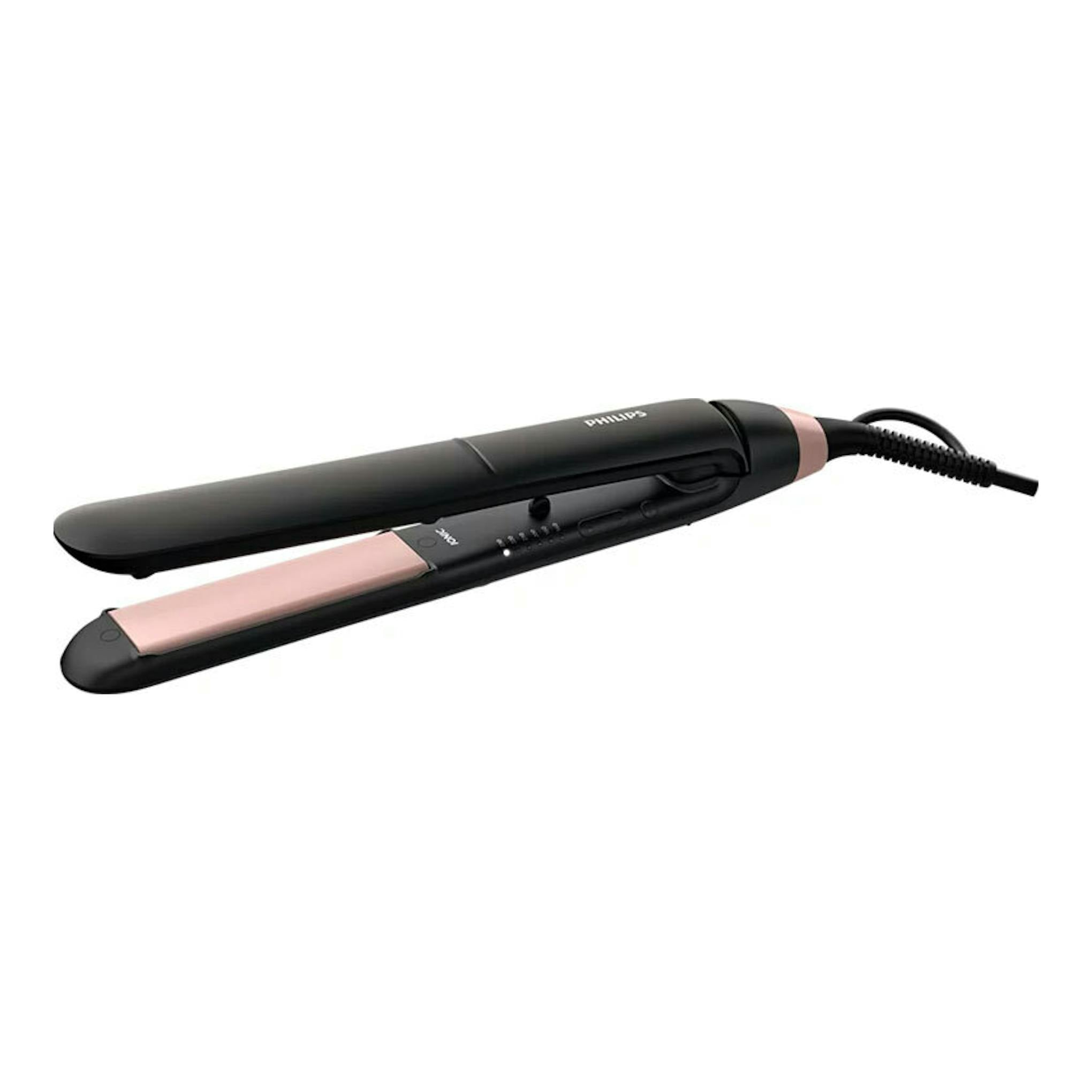 Plancha de pelo Philips BHS378/00 negra y rosa, vista en ángulo sobre fondo blanco.