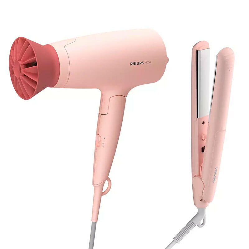 Pack de viaje secador y plancha Philips BHP398/00 – 1600 W, Placas cerámica con queratina, Mango plegable
