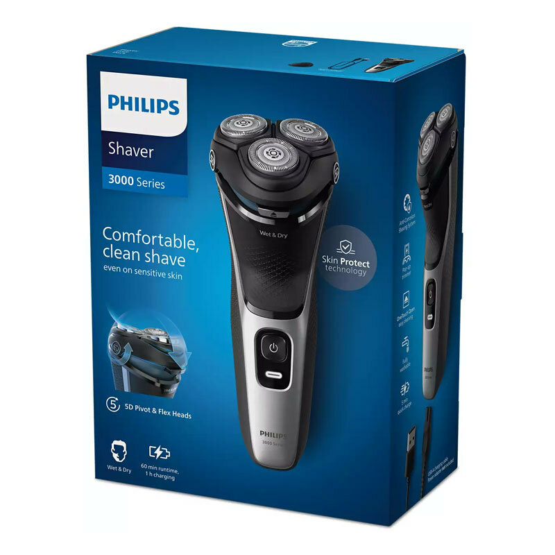 Afeitadora Rotativa Philips S3143/00 – 5D pivotante, 27 cuchillas PowerCut, Seco y húmedo (IPX7)
