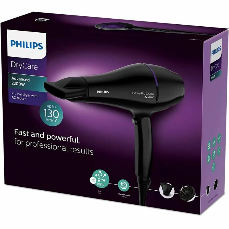Secador de pelo Philips BHD274/00 – 2200W, Motor AC profesional, Tecnología iónica