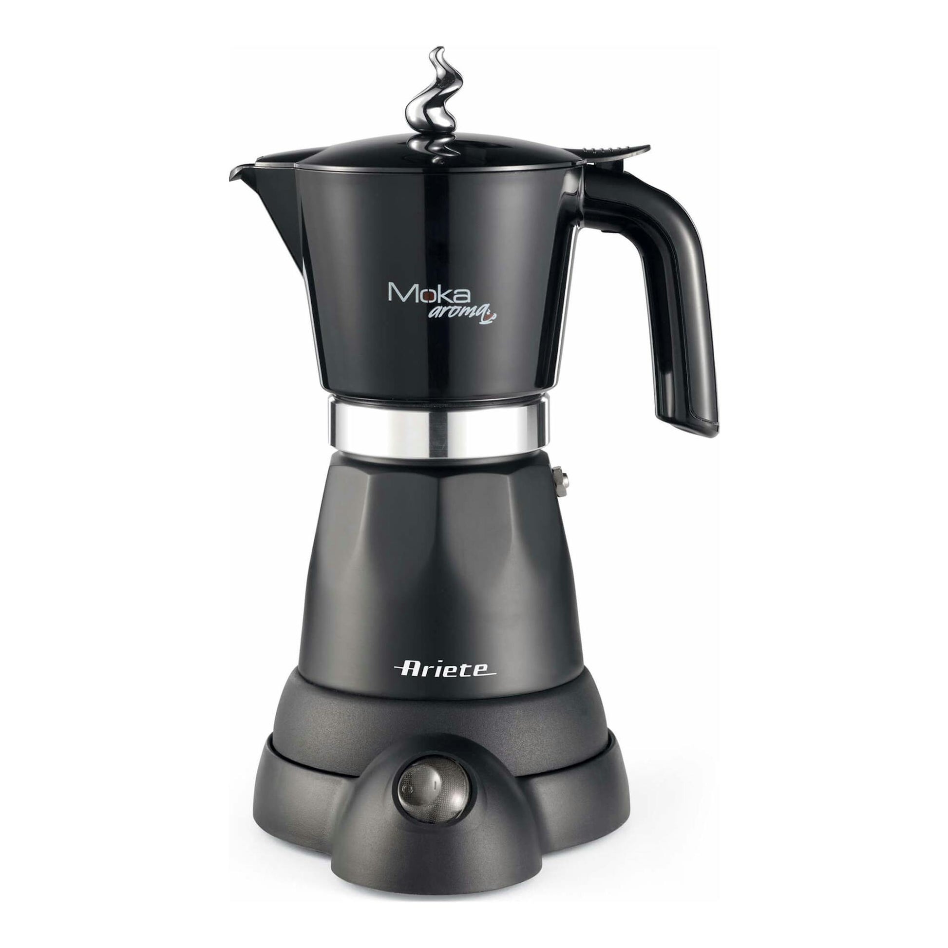 Cafetera italiana eléctrica Ariete Moka Aroma 1368/01 negra, vista frontal, con asa lateral.