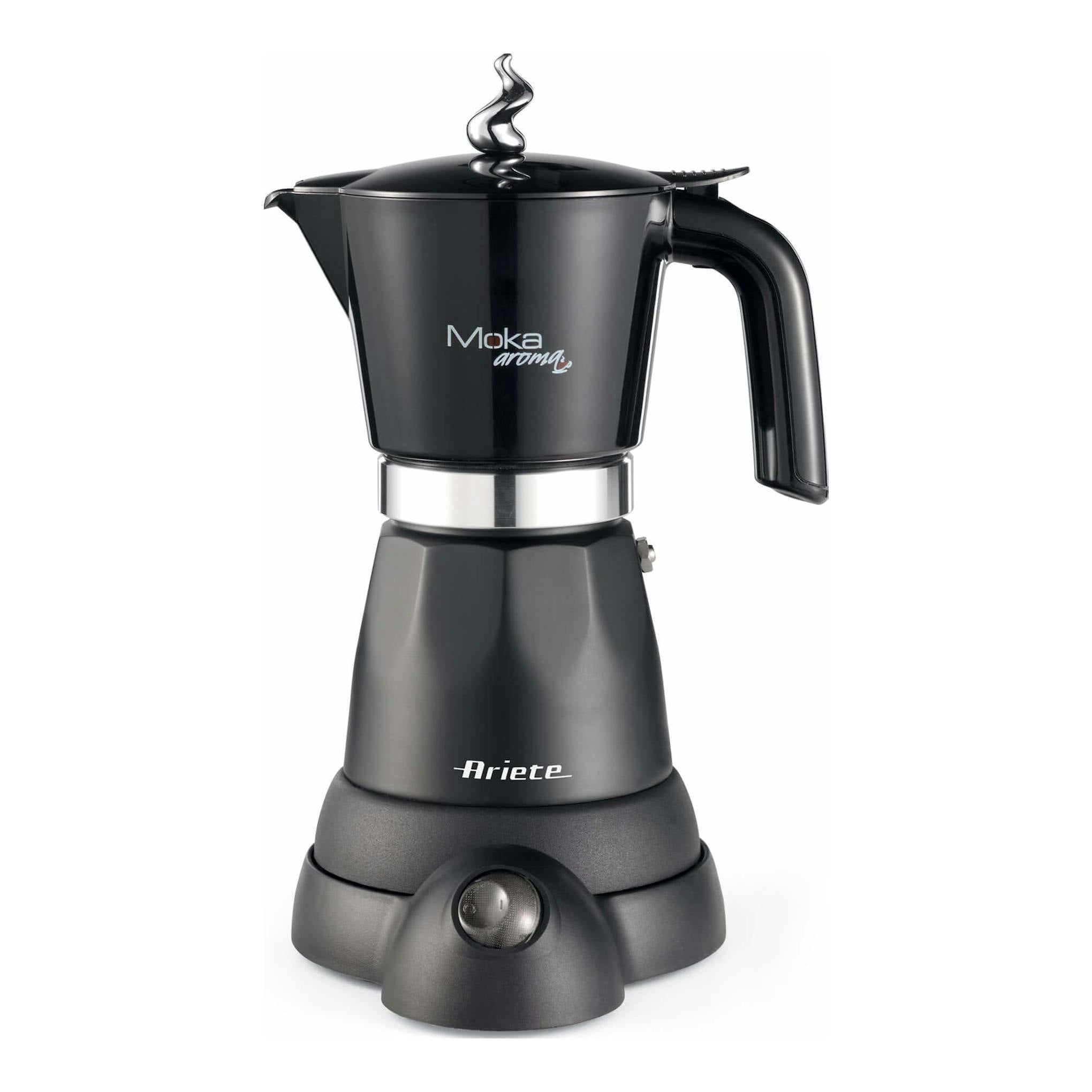 Cafetera italiana eléctrica Ariete Moka Aroma 1368/01 negra, vista frontal, con asa lateral.