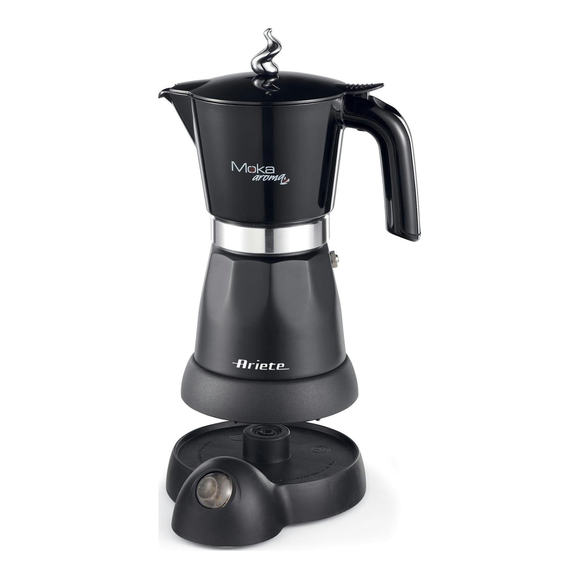 Cafetera eléctrica Ariete Moka Aroma 1368/01 negra, vista frontal, sobre base.