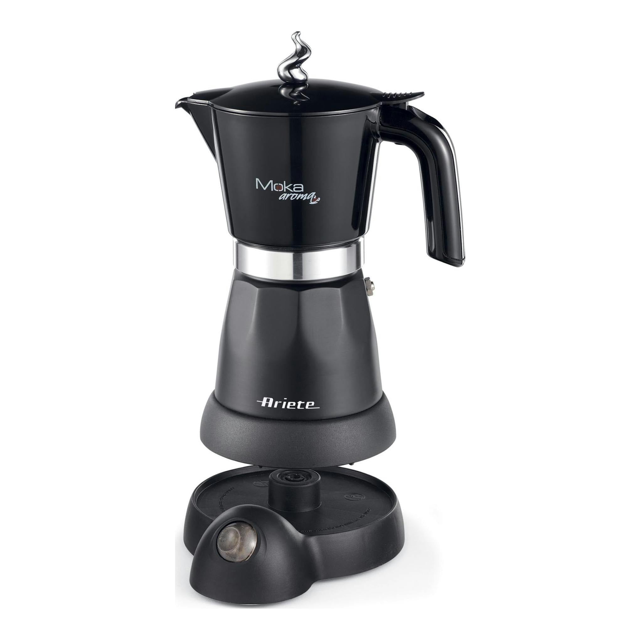 Cafetera eléctrica Ariete Moka Aroma 1368/01 negra, vista frontal, sobre base.