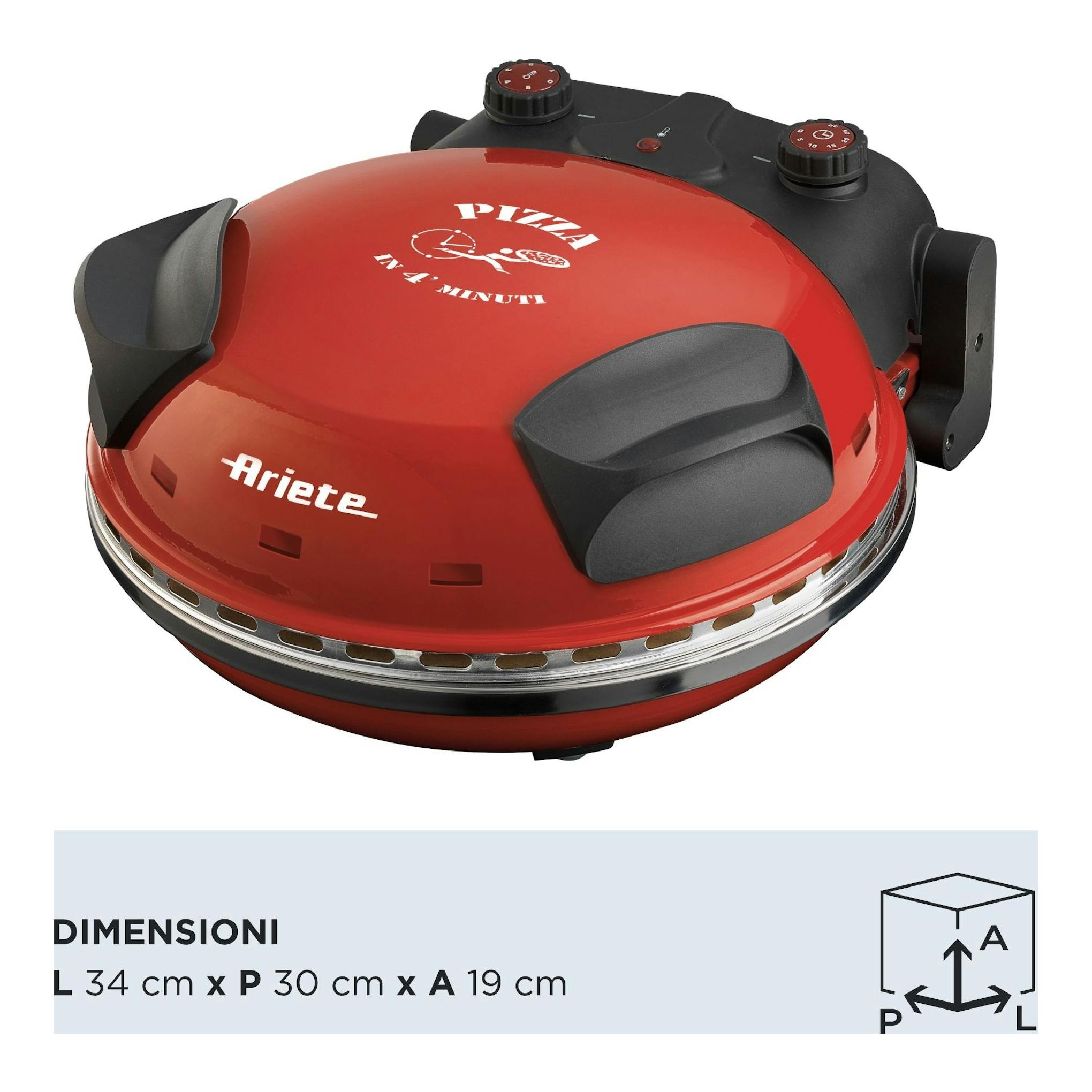 Mini horno para pizza Ariete 0909/10, rojo y negro, vista frontal inclinada con dos mandos.