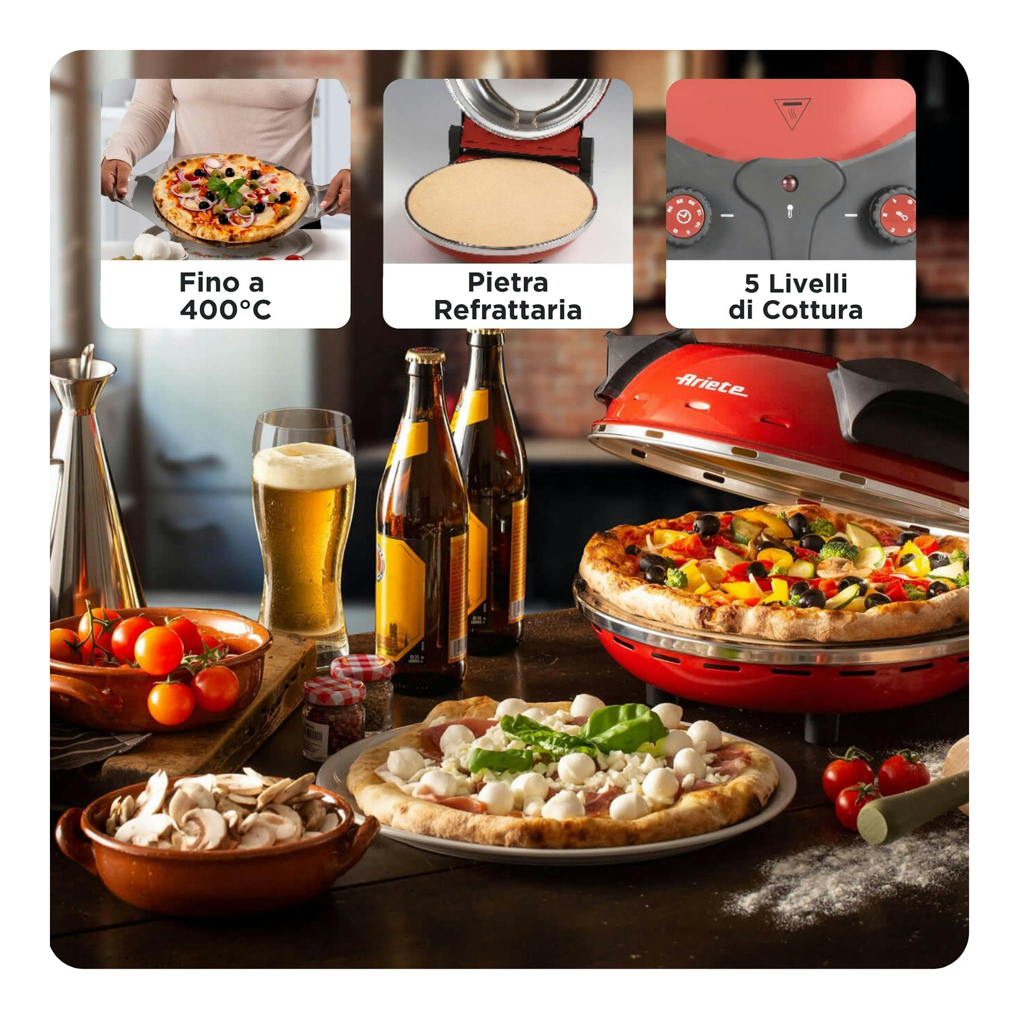 Horno para pizza Ariete 0909/10 rojo, abierto, con pizza sobre piedra refractaria y alimentos alrededor.