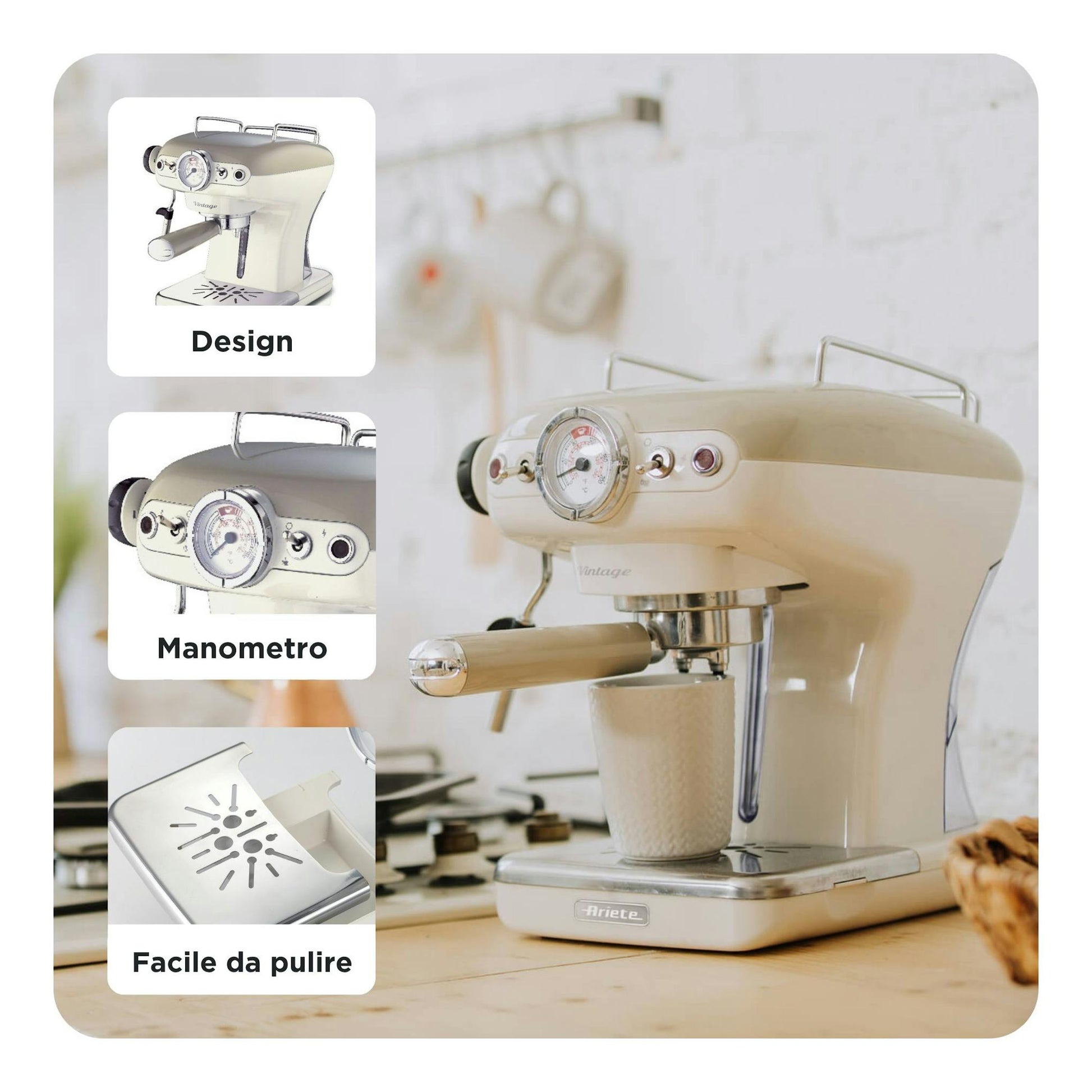 Cafetera espresso Ariete Vintage 1389/13 beige, vista frontal lateral, con taza bajo el portafiltro.