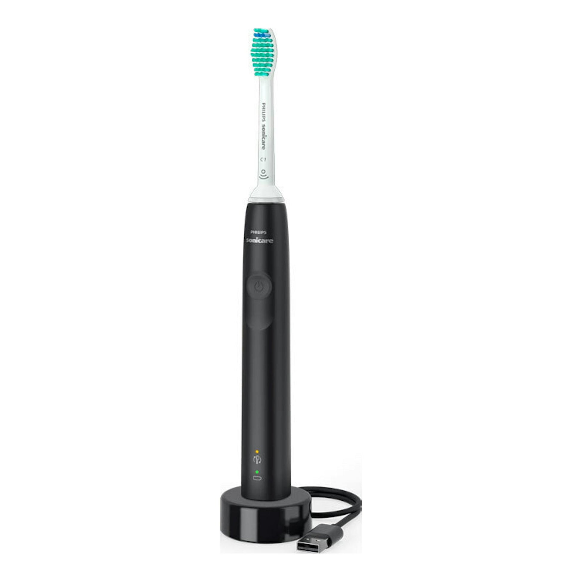 Cepillo dental eléctrico Philips Sonicare HX3671/14 negro, con cabezal blanco y base de carga.