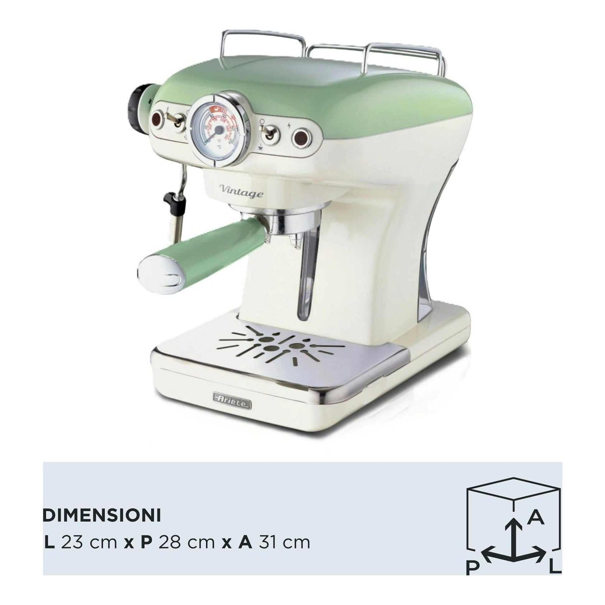 Cafetera espresso Ariete Vintage 1389/14, verde y crema, vista frontal izquierda, con portafiltro y manómetro.