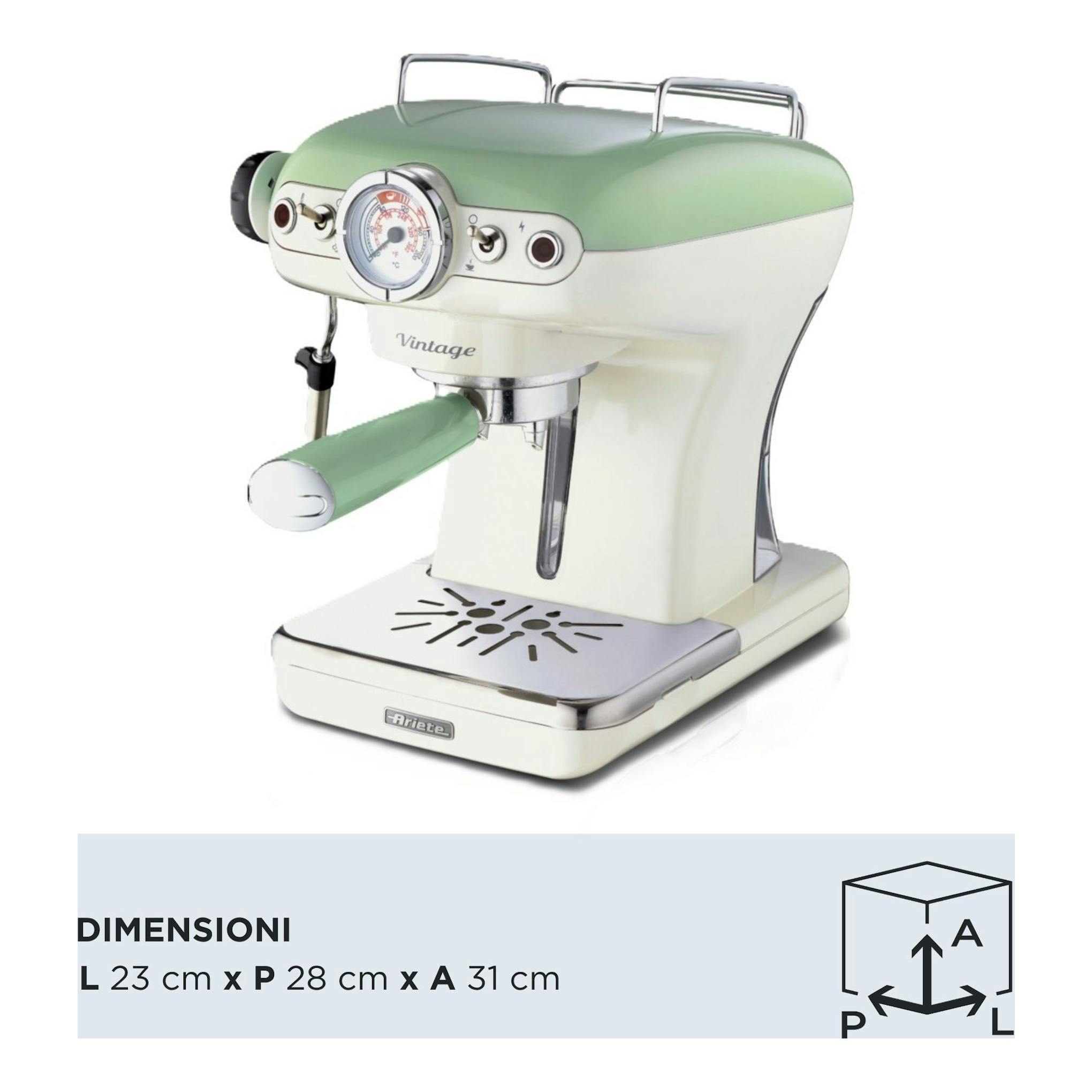 Cafetera espresso Ariete Vintage 1389/14, verde y crema, vista frontal izquierda, con portafiltro y manómetro.