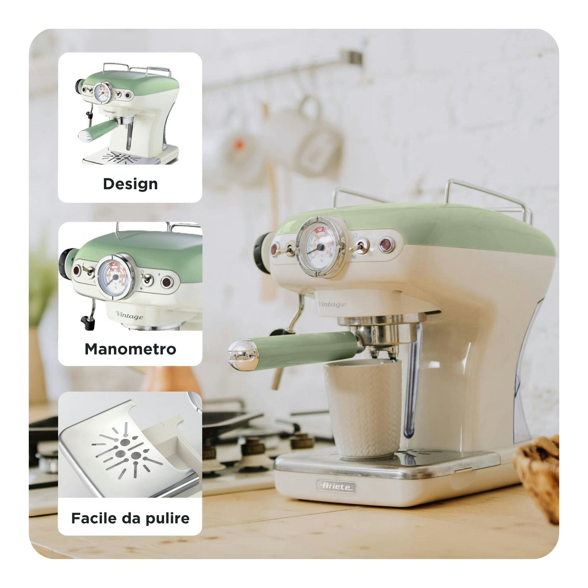 Cafetera espresso Ariete 1389/14 verde y crema, vista frontal tres cuartos sobre encimera.