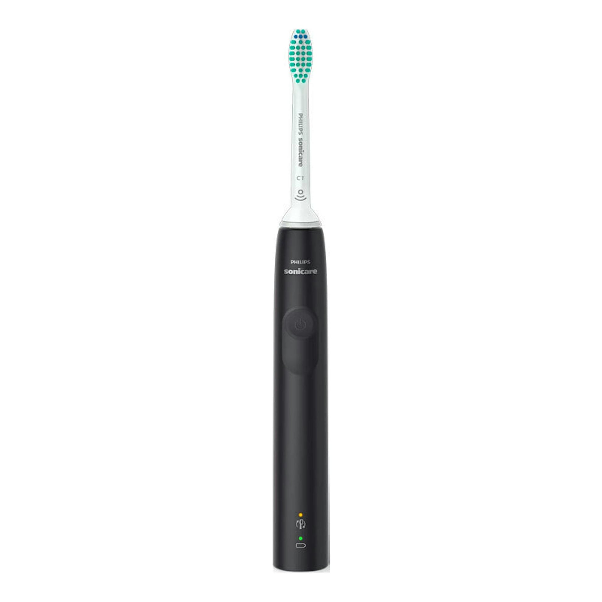 Cepillo dental eléctrico Philips Sonicare HX3671/14 negro, vista frontal, con cabezal blanco y verde.