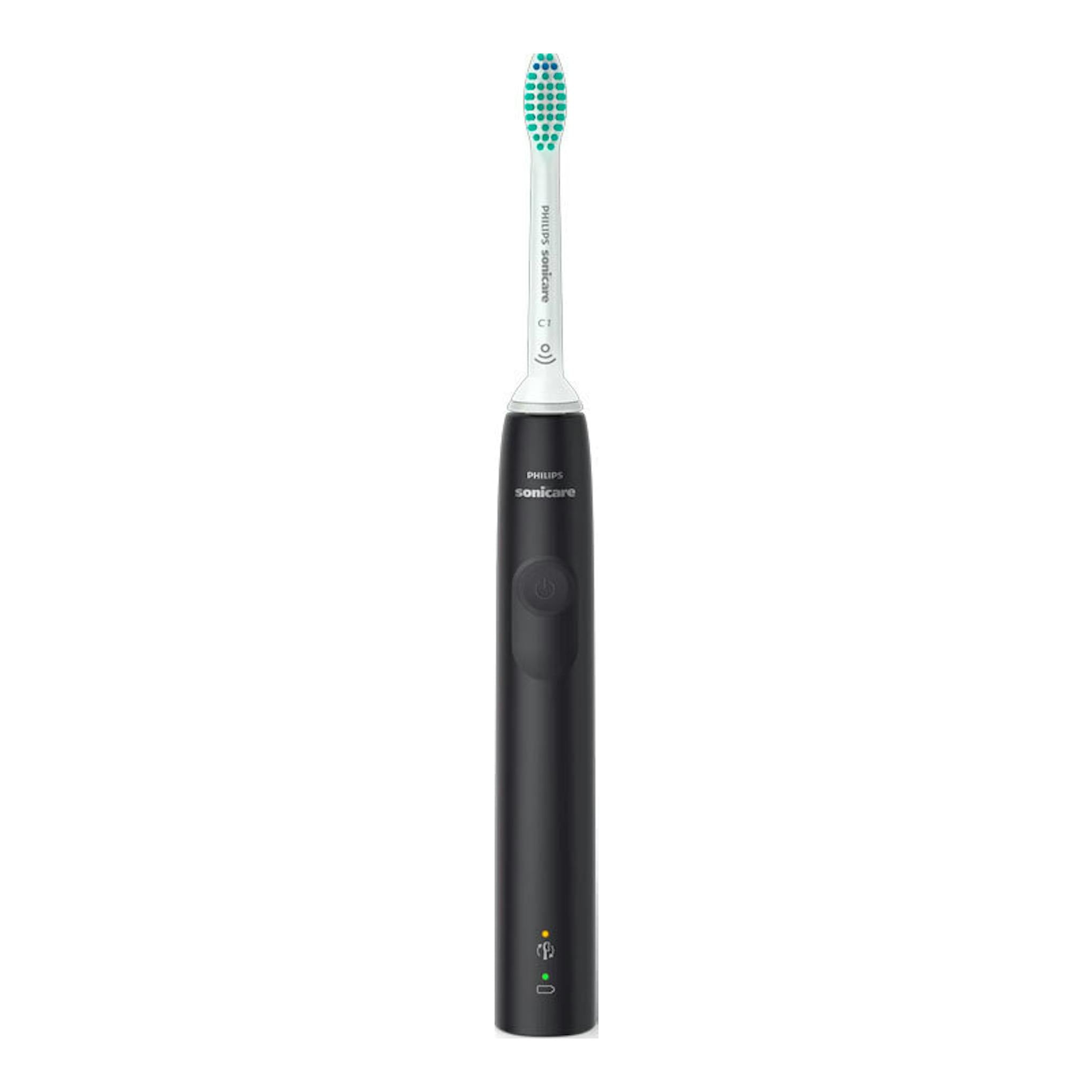 Cepillo dental eléctrico Philips Sonicare HX3671/14 negro, vista frontal, con cabezal blanco y verde.