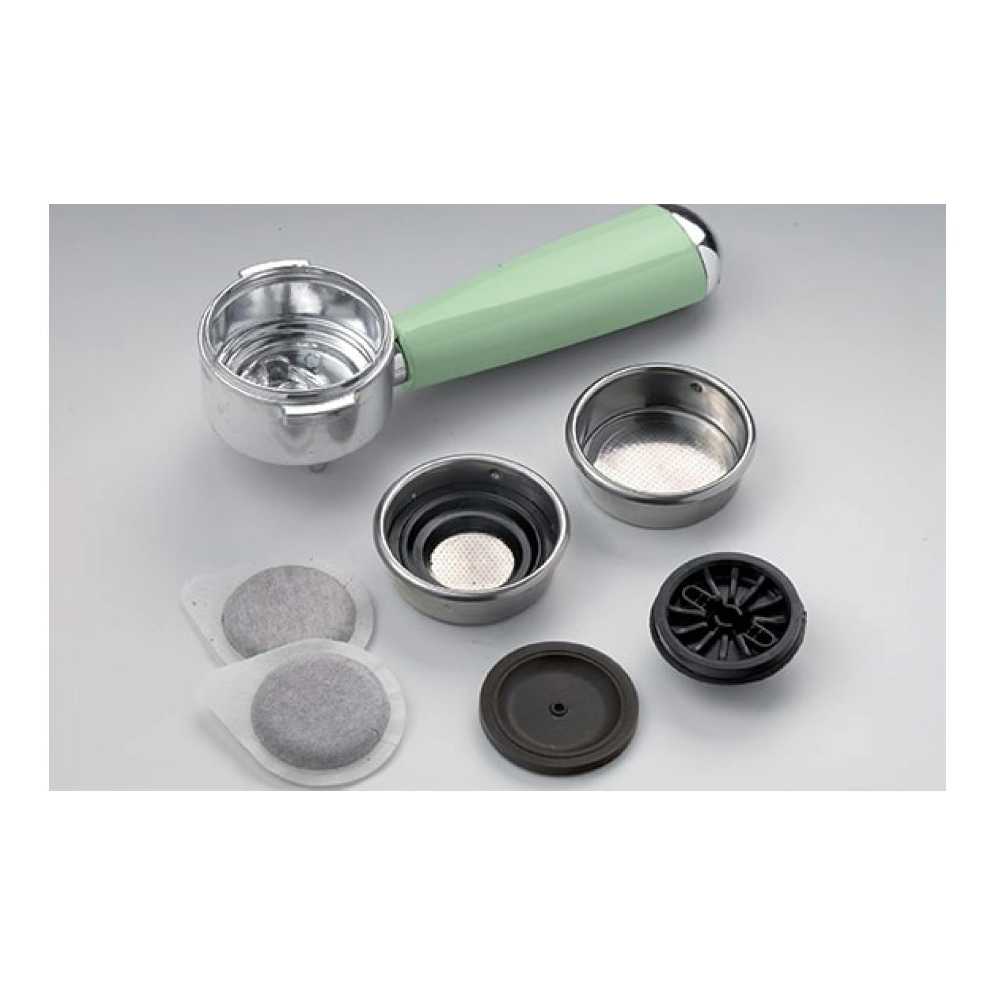 Portafiltro de cafetera espresso Ariete 1389/14 verde menta, vista superior con filtros y accesorios separados.