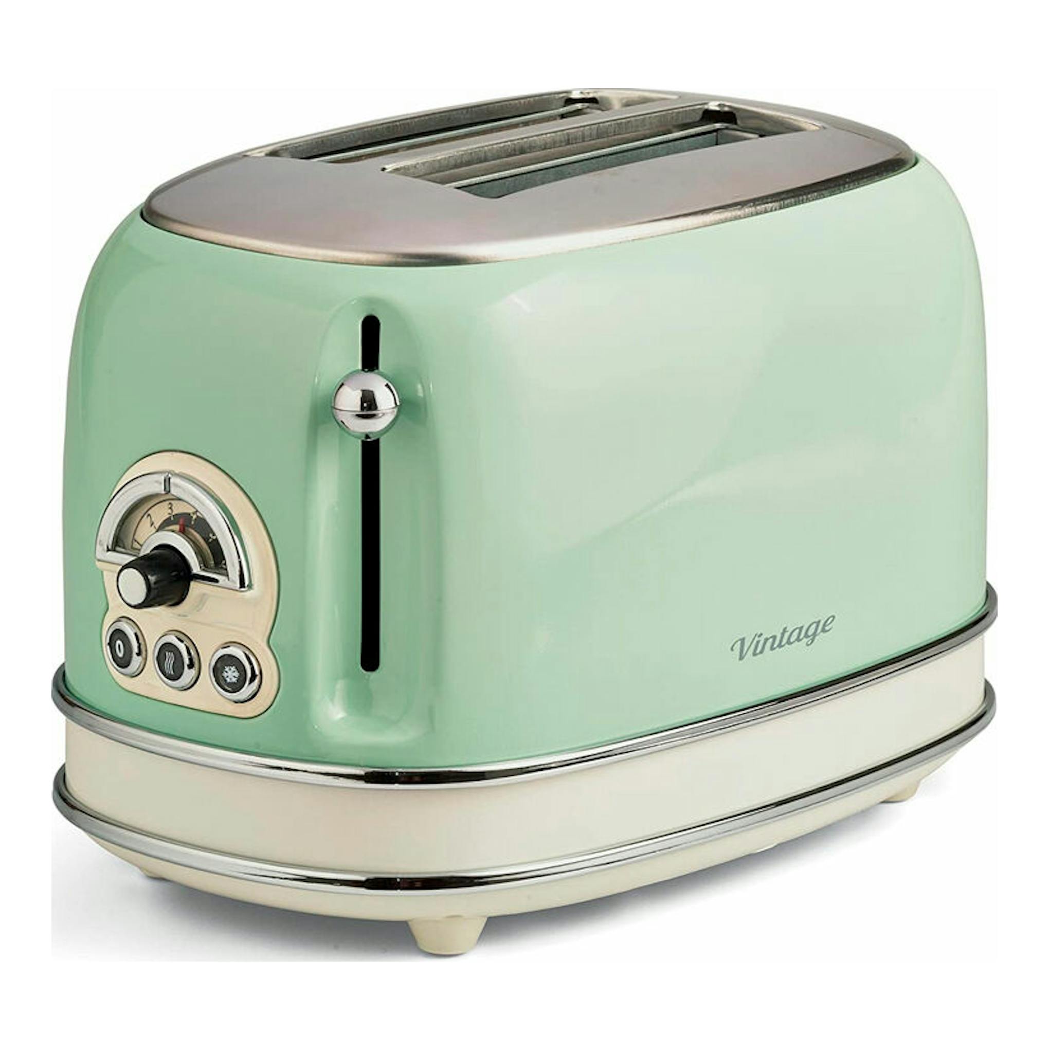 Tostador Ariete Vintage 155/14 verde menta, vista frontal tres cuartos, con dos ranuras y detalles crema.