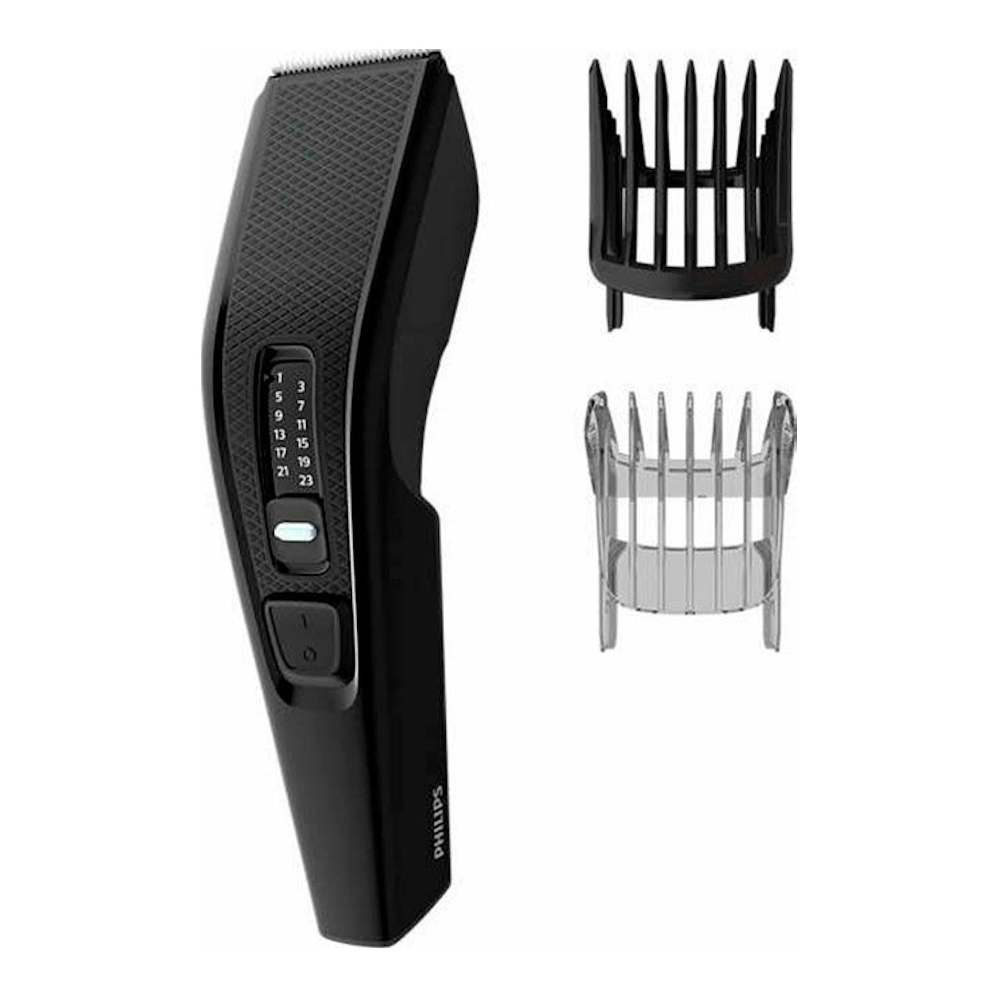 Cortapelo Philips HC3510/15 negro, vista frontal en ángulo, con dos peines guía negro y transparente.