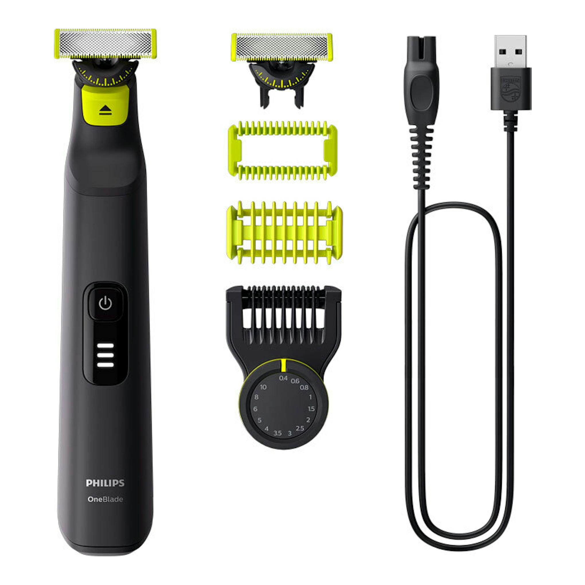 Philips OneBlade QP6542/15 negra y amarilla, vista frontal, con peines guía y cable USB.