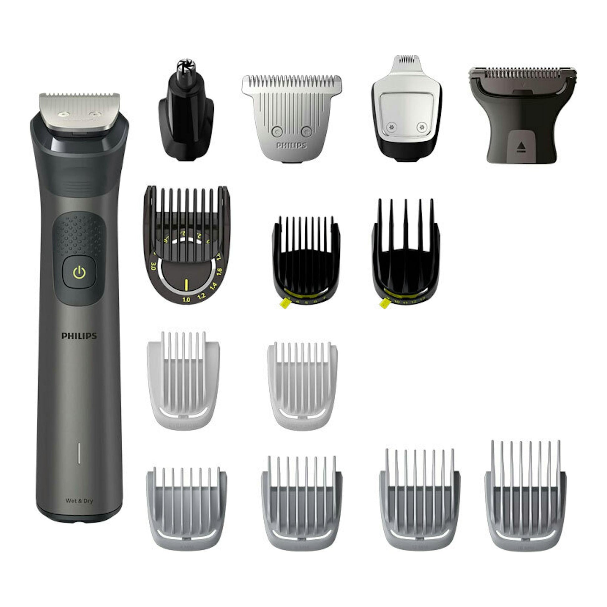 Philips MG7940/15 cortapelos en vista frontal, con varios peines y accesorios sobre fondo blanco.