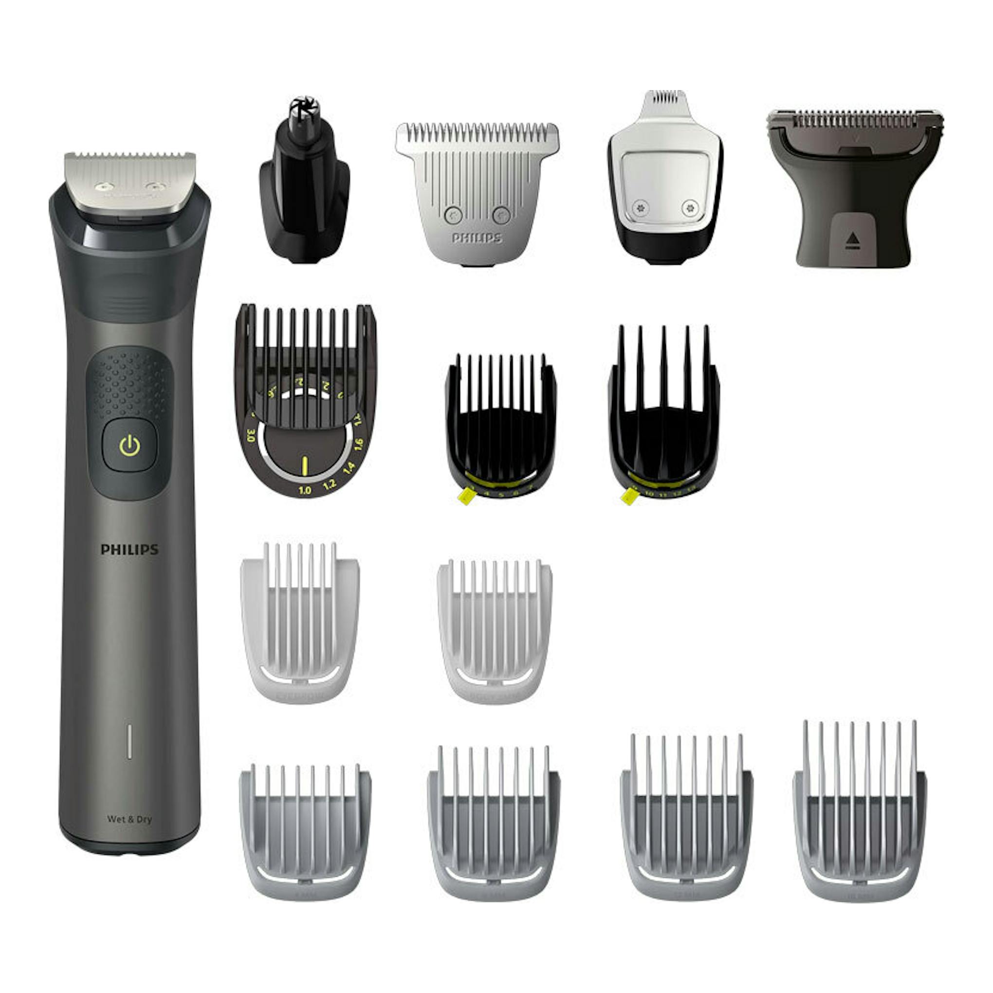 Philips MG7940/15 cortapelos en vista frontal, con varios peines y accesorios sobre fondo blanco.