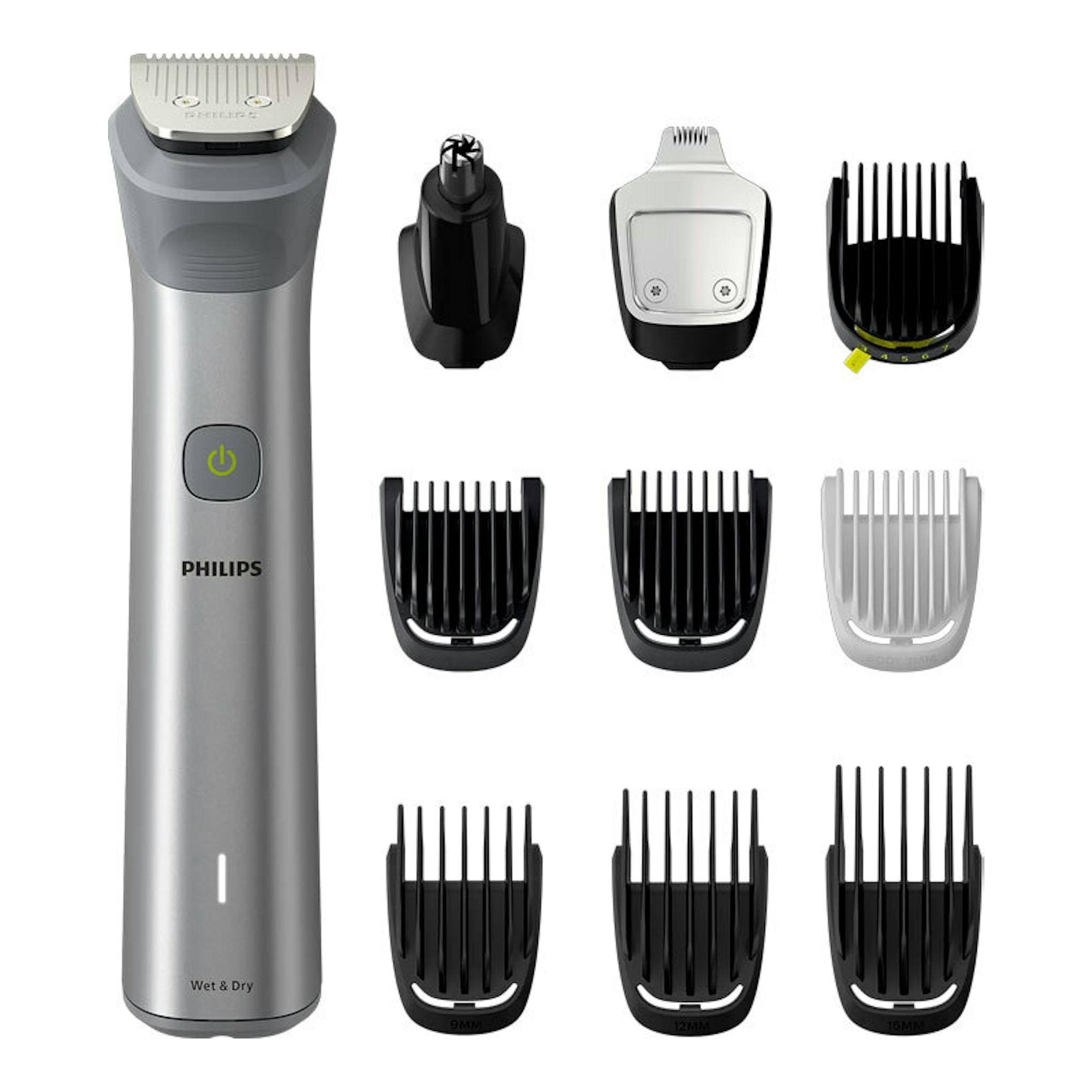 Philips MG5920/15 cortapelos gris plata, vista frontal, con peines y accesorios de recorte.