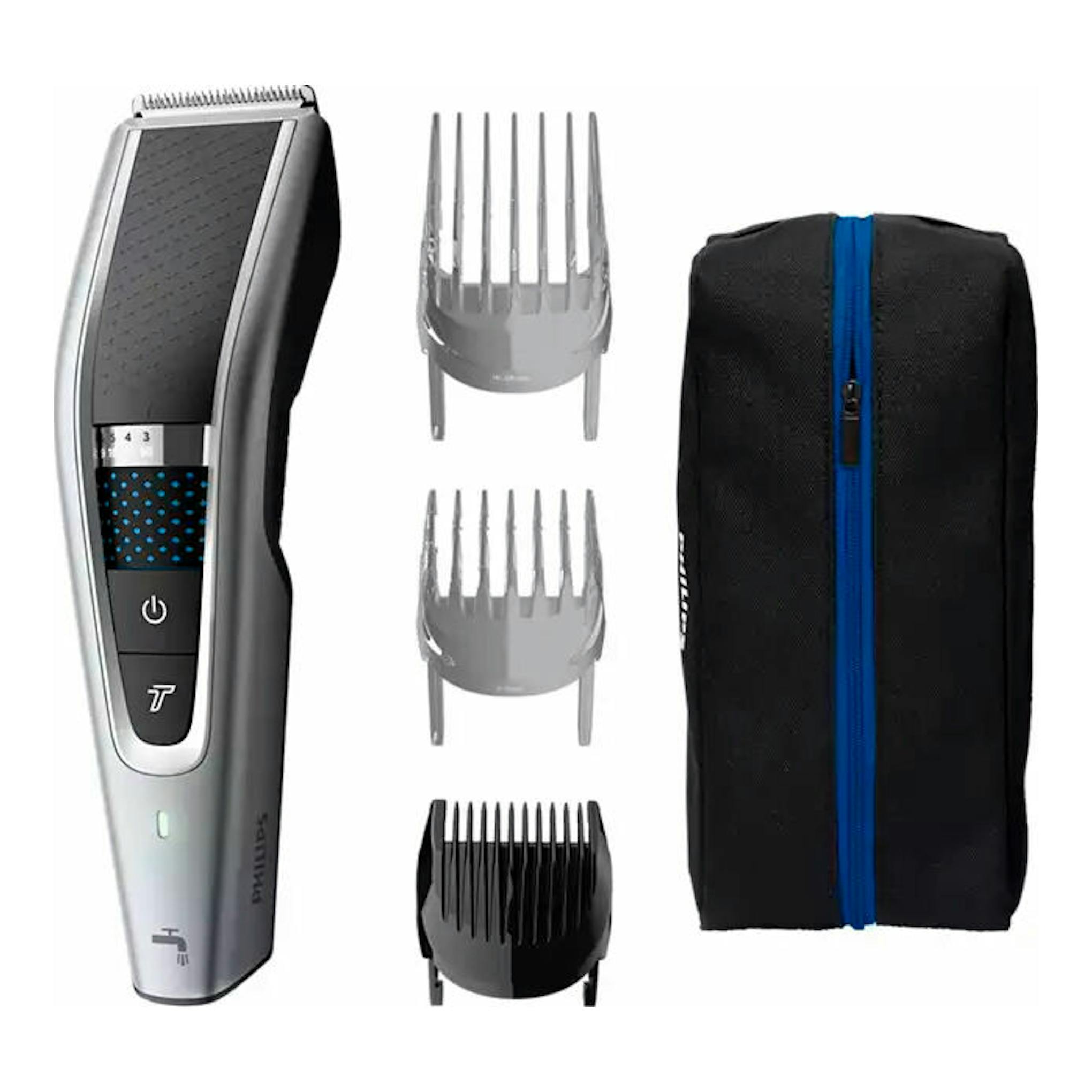 Cortapelo Philips HC5630/15 en vista frontal, con tres peines guía y funda de transporte.