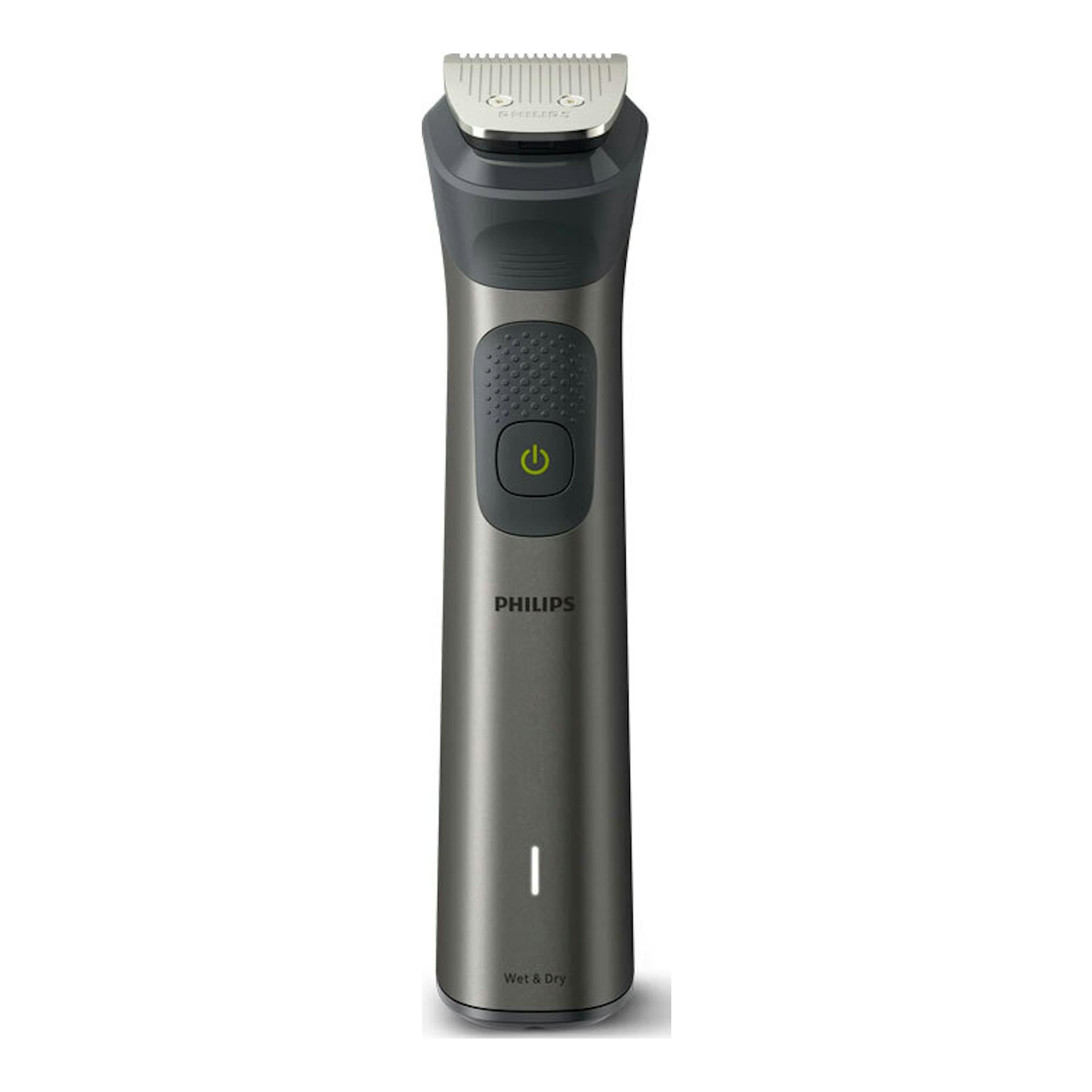 Cortapelos Philips MG7940/15 negro y gris, vista frontal, con cabezal de corte y botón de encendido.