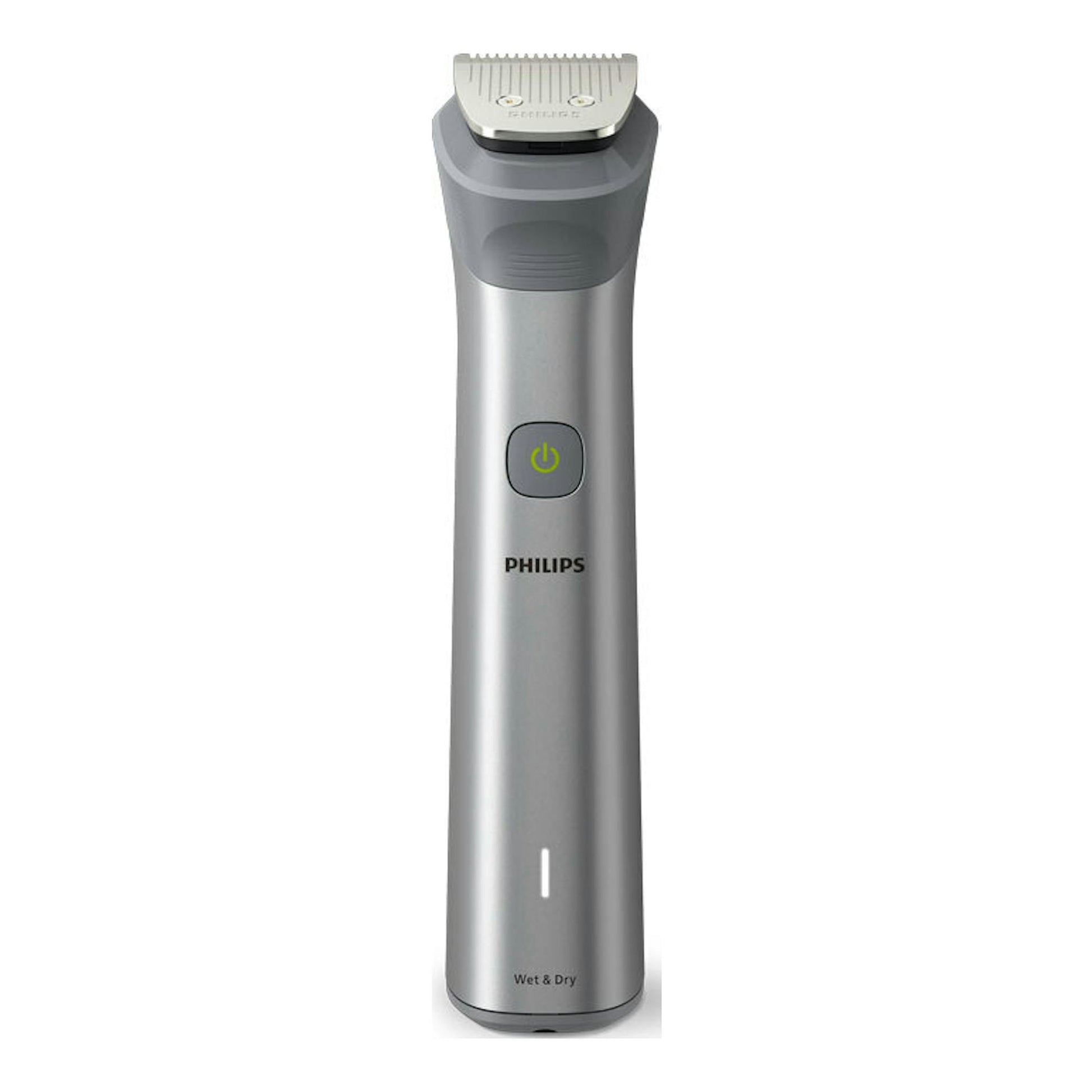 Cortapelos Philips MG5920/15 gris, vista frontal, con cabezal metálico y botón de encendido.