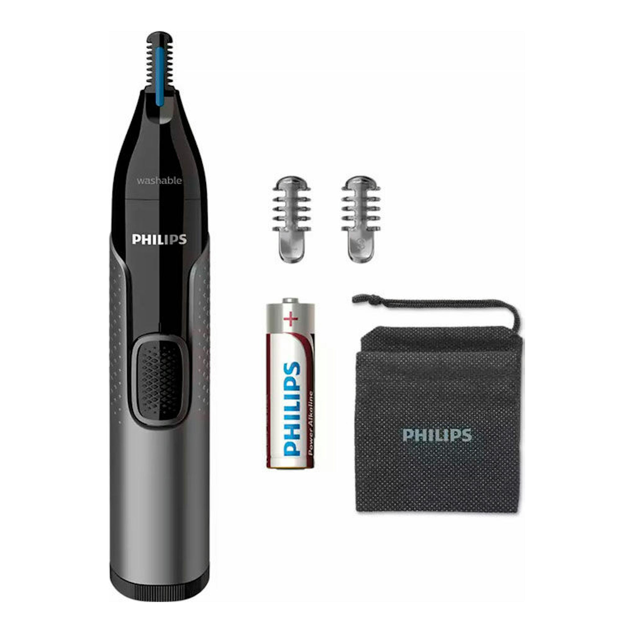 Cortapelo nasal Philips NT3650/16 negro y gris, con dos cabezales, pila y funda, vista frontal.