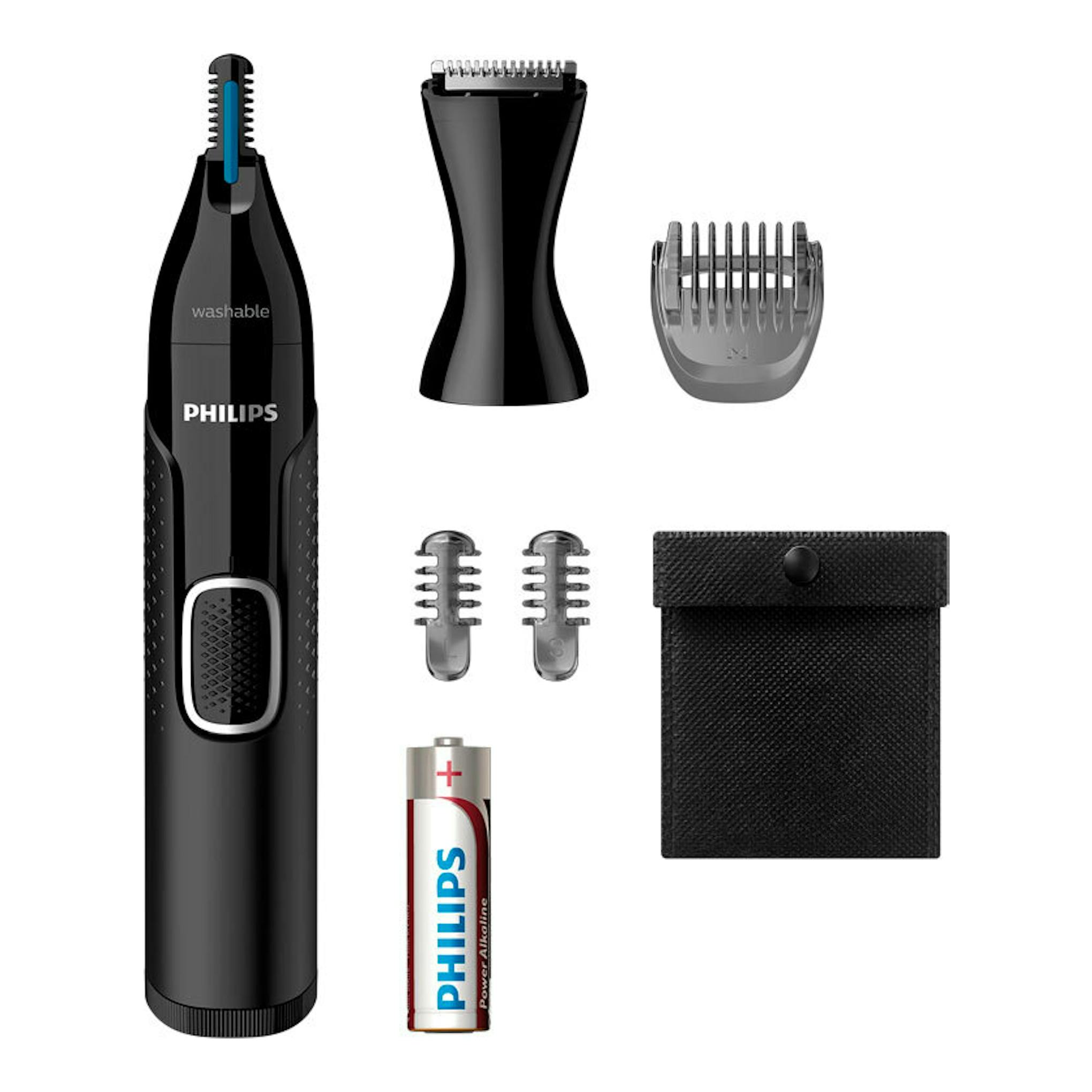 Kit cortapelos de nariz Philips NT5650/16 negro, vista frontal, con accesorios, pilas y funda.