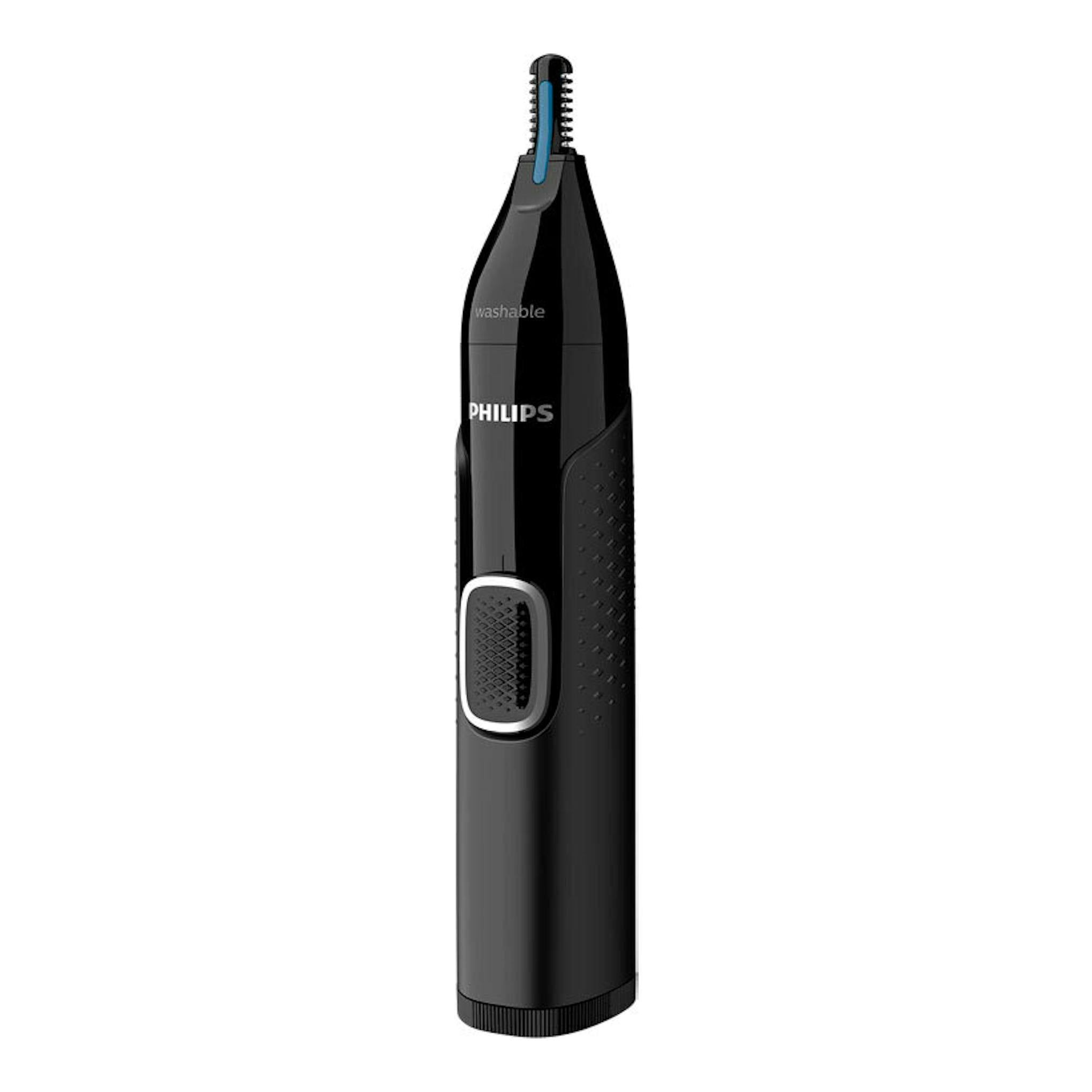 Cortapelos de nariz Philips NT5650/16 negro, vista frontal, con cabezal recortador y agarre texturizado.