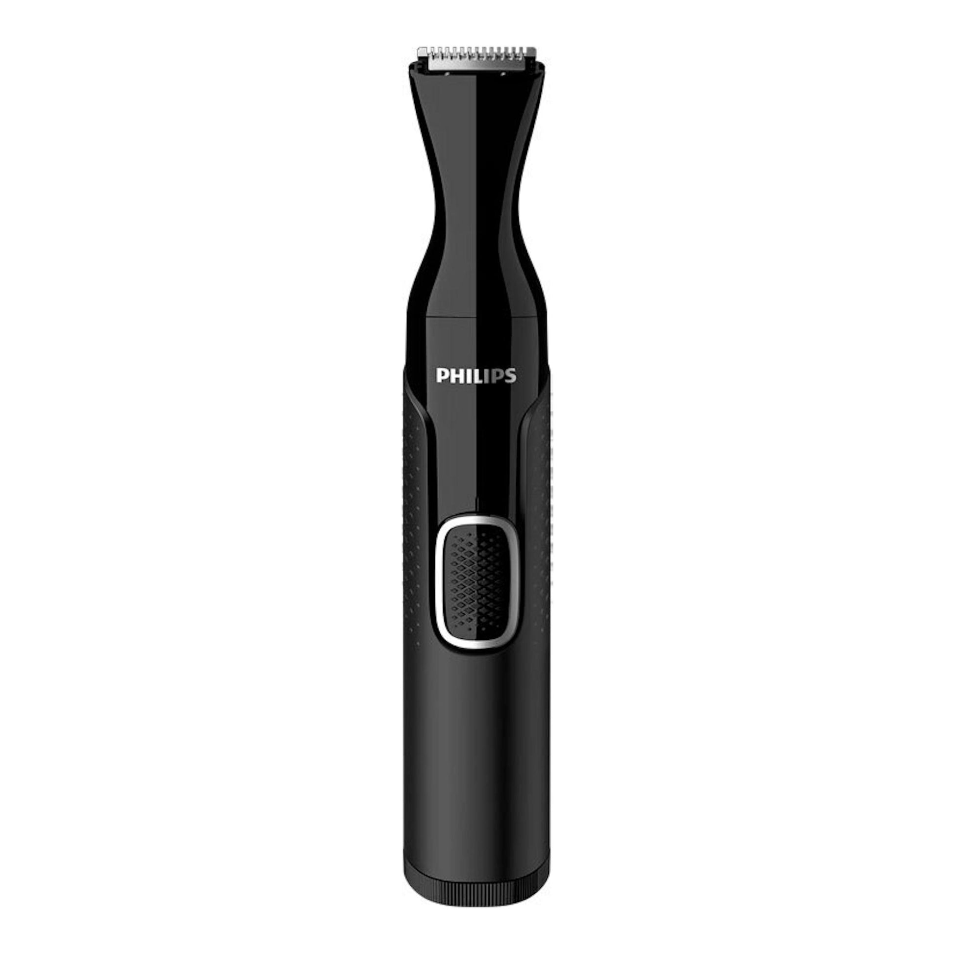 Cortapelos de nariz Philips NT5650/16 negro, vista frontal, con cabezal superior y botón central.