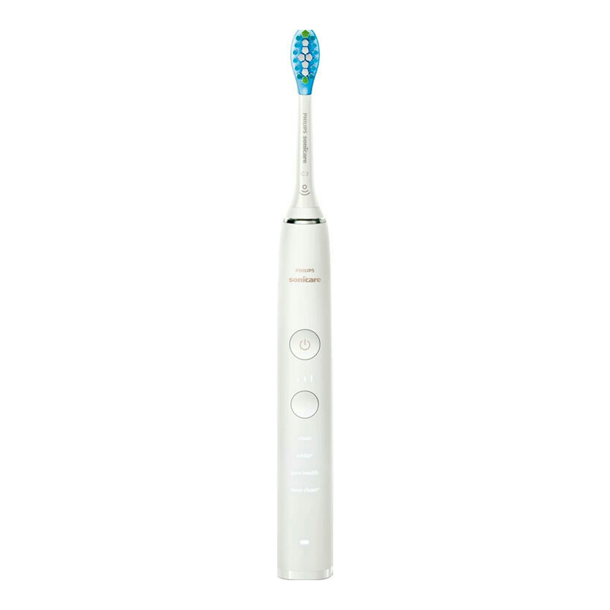 Philips Sonicare HX9913/17, cepillo dental eléctrico blanco con cabezal azul, vista frontal.