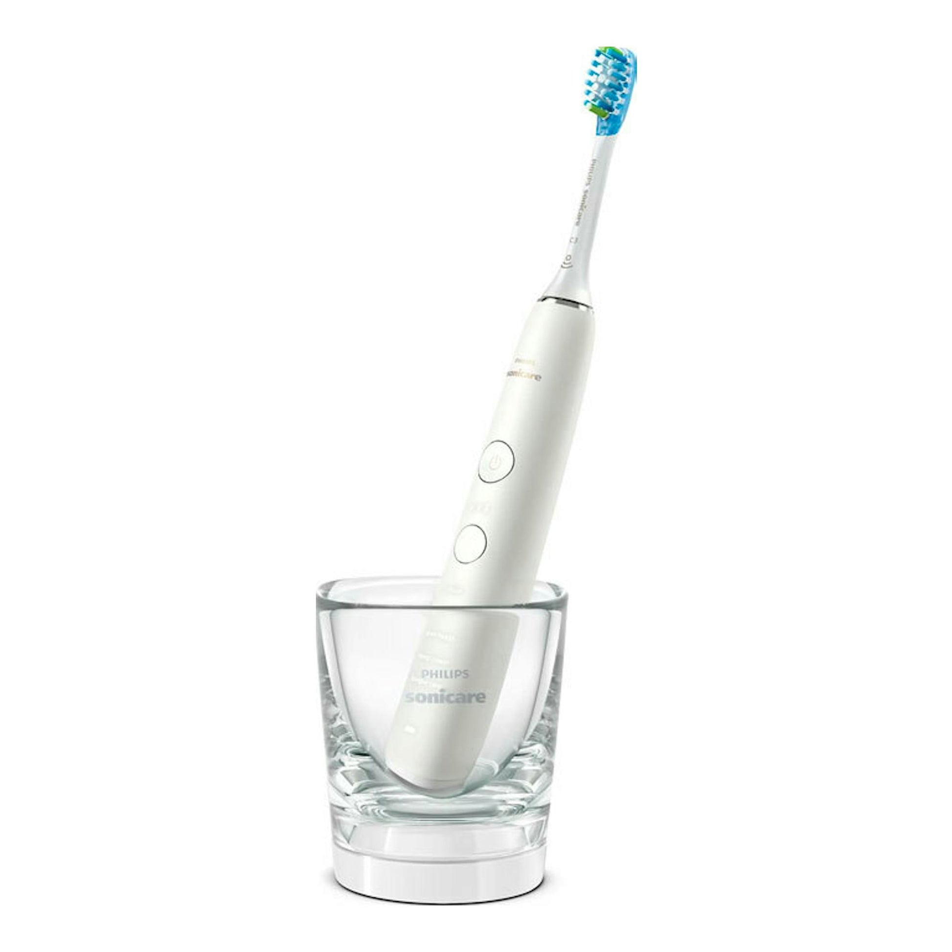 Cepillo dental eléctrico Philips Sonicare HX9913/17 blanco, vista frontal, sobre un vaso transparente.