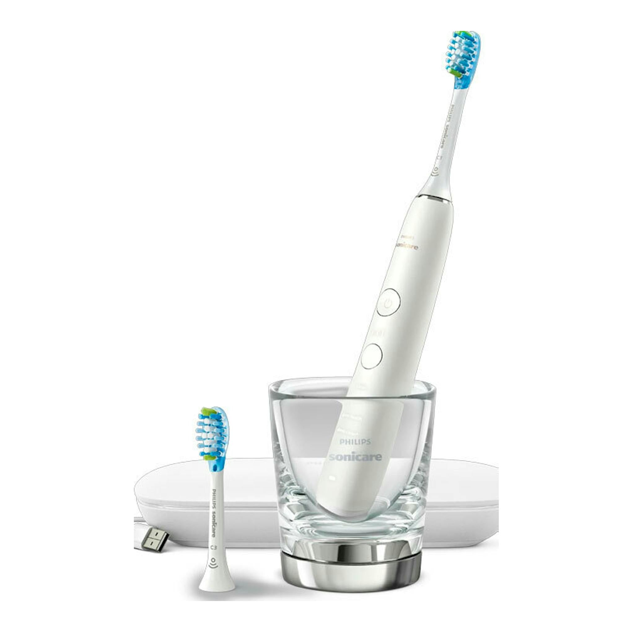 Cepillo dental eléctrico Philips Sonicare HX9913/17 blanco, en vaso de vidrio, con estuche y cabezal extra.