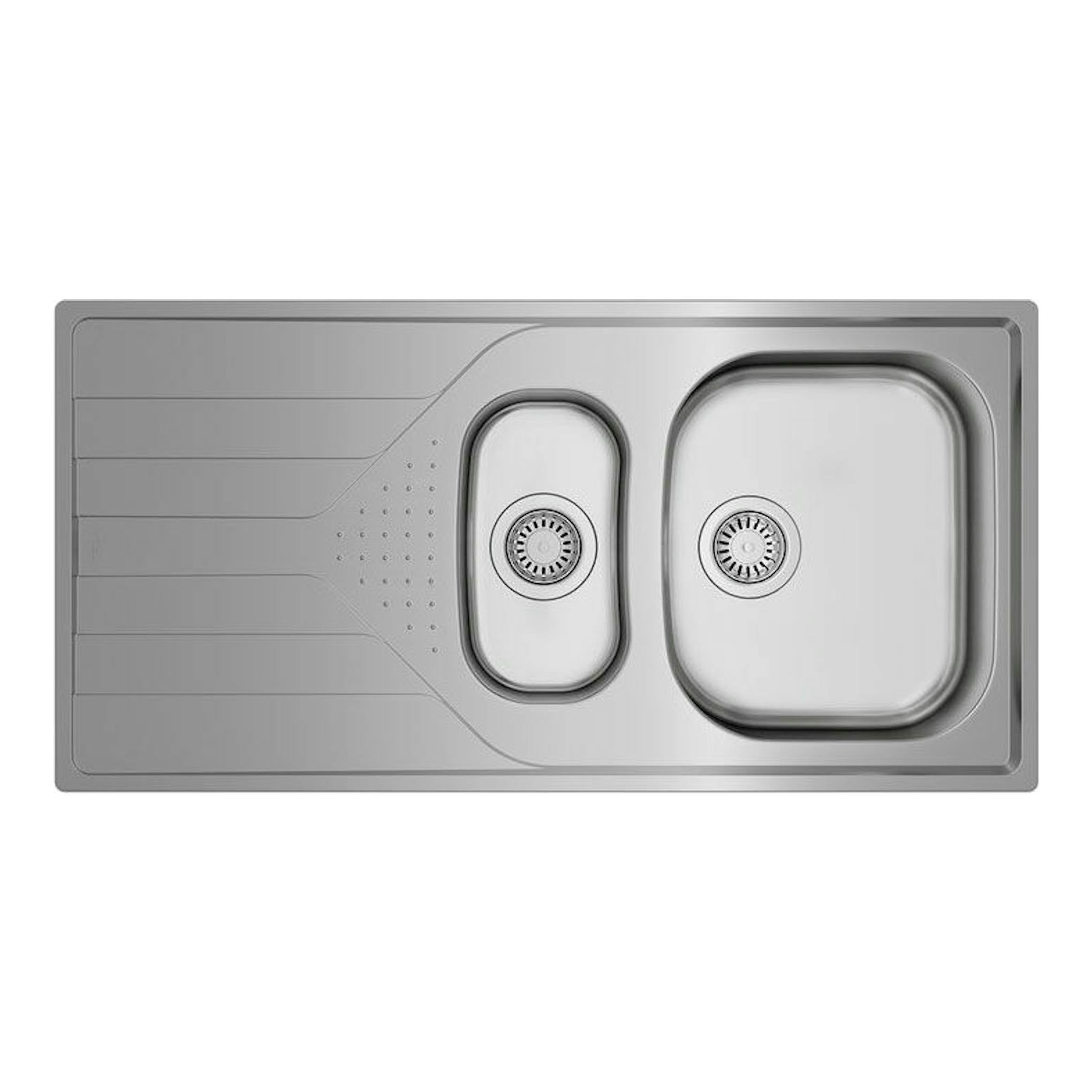 Fregadero Teka Universe 60 T-XP 1 1/2 C 1E, vista superior, gris, con dos cubetas y escurridor.
