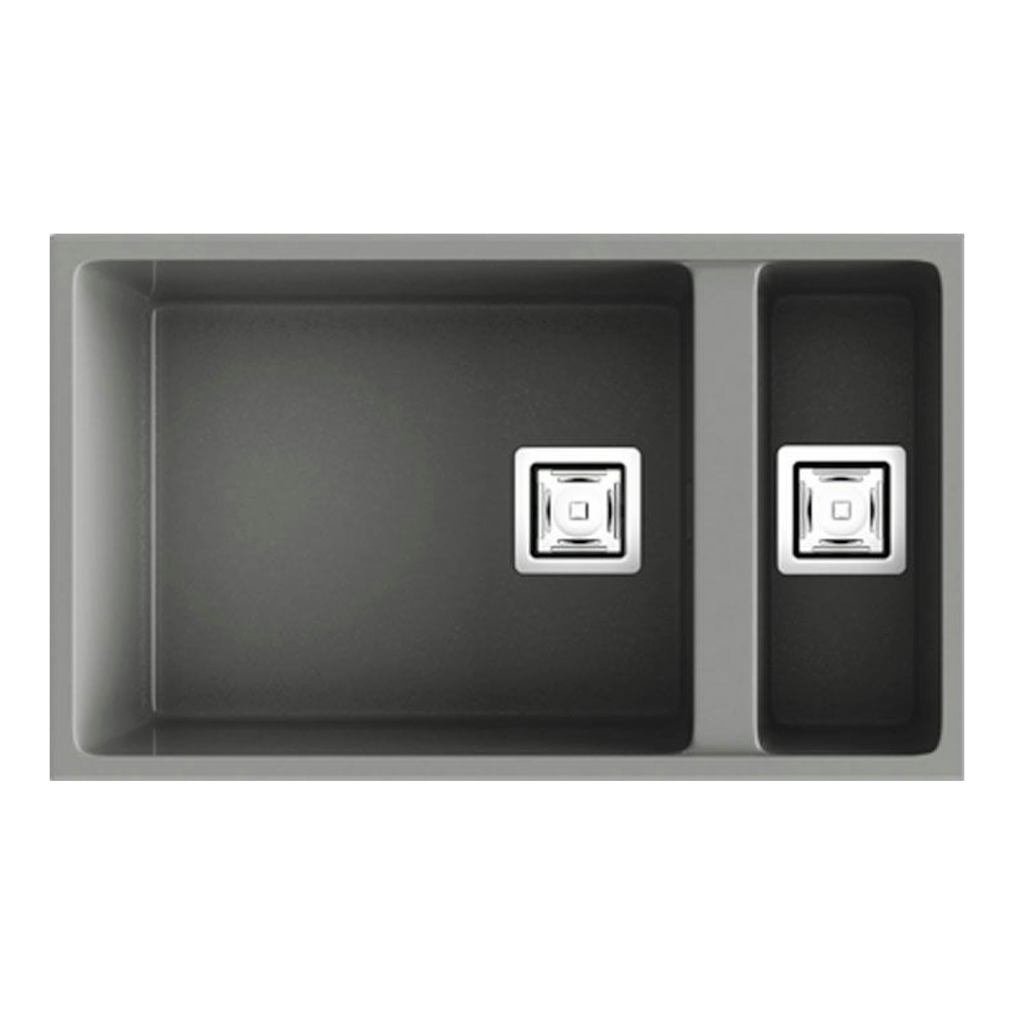 Fregadero Poalgi Zie 70 1/S+1/2 S Concret Mate, vista superior, gris oscuro, dos senos y desagües cuadrados.