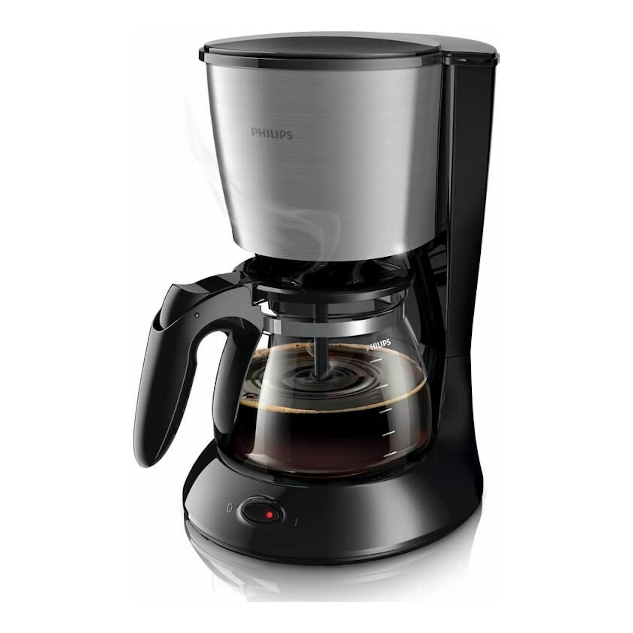 Cafetera de goteo Philips HD7462/20, vista frontal en tres cuartos, negra, con jarra de vidrio y depósito metálico.