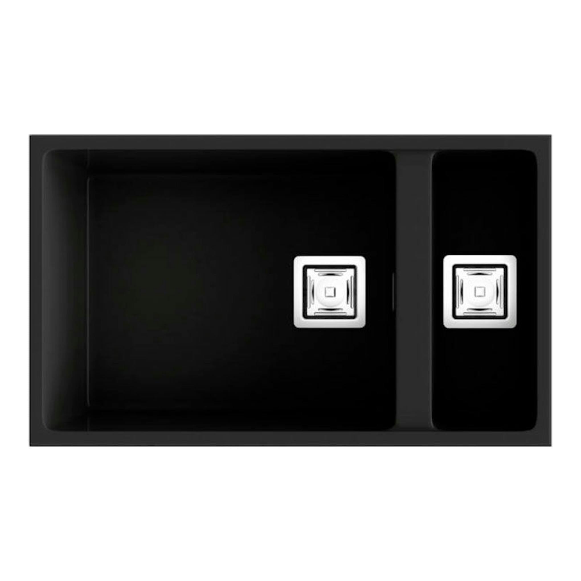 Fregadero Poalgi Zie 70 negro brillo, vista frontal, dos senos con escurridor lateral.