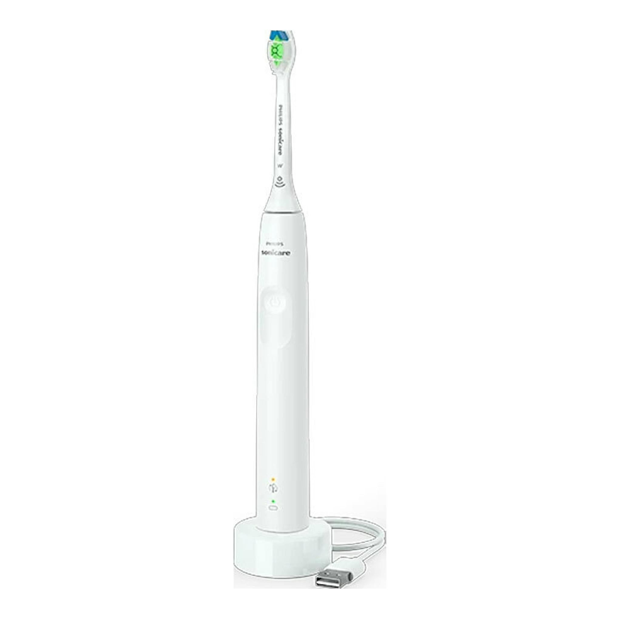 Cepillo dental eléctrico Philips Sonicare HX3681/33 blanco, vista frontal, sobre base de carga USB.