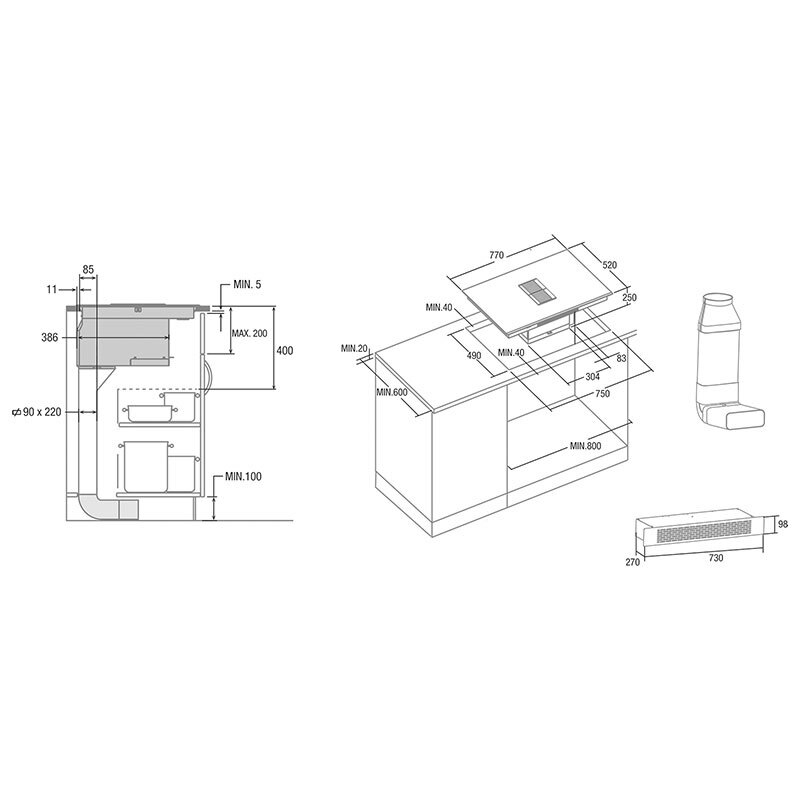 Placa de inducción con extractor integrado Cata AS 750 2 FLEX/A – Extractor integrado, Zona Flex, 77 cm