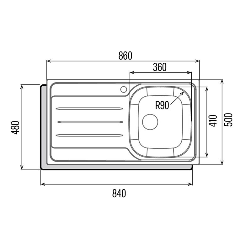 Fregadero sobre encimera Cata CDP-1 EI/A – Acero Inox AISI 304, 86×50 cm, Escurridor izquierdo
