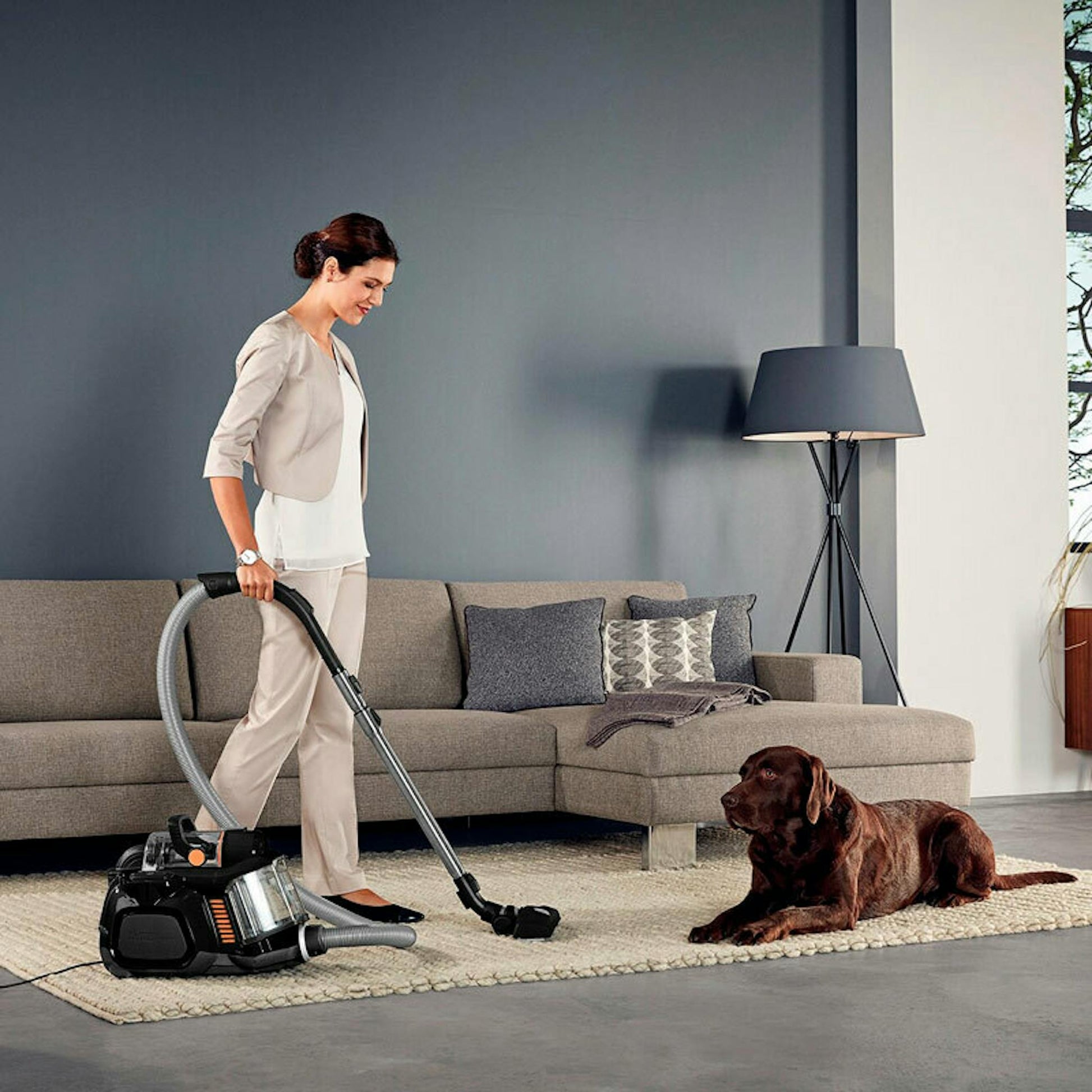 Aspiradora trineo AEG LX7-2-EB-P en un salón con una mujer aspirando y un perro