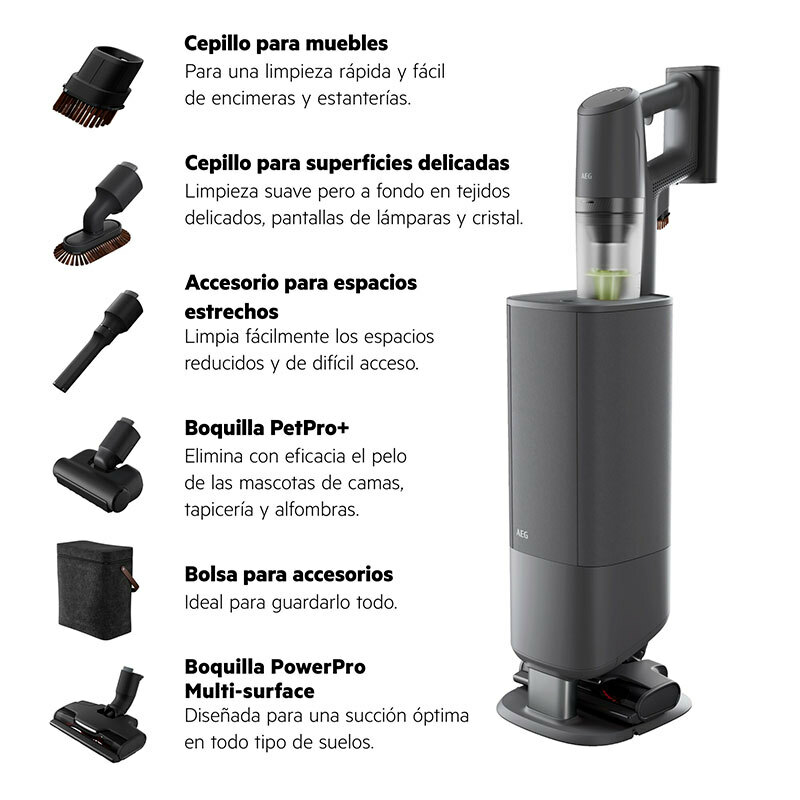 Aspirador escoba sin cable AEG Animal 8000 AP83AB25DG – 90 min autonomía, vaciado automático 2 L, cepillo LED multi-superficie