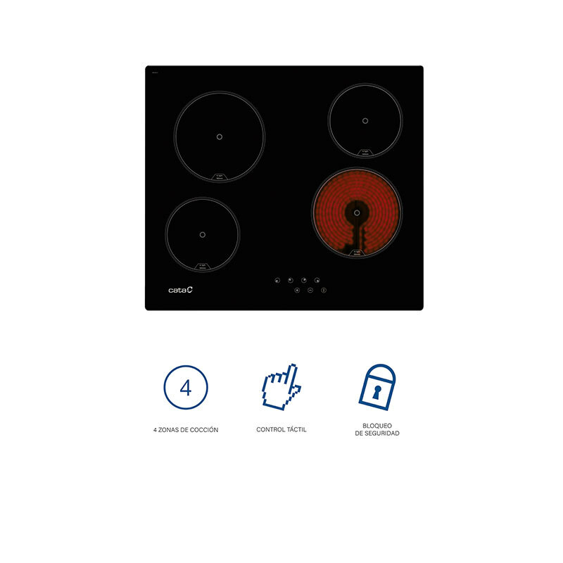 Placa vitrocerámica 60 cm CATA TN 604 B – 4 zonas, control táctil frontal, bloqueo infantil