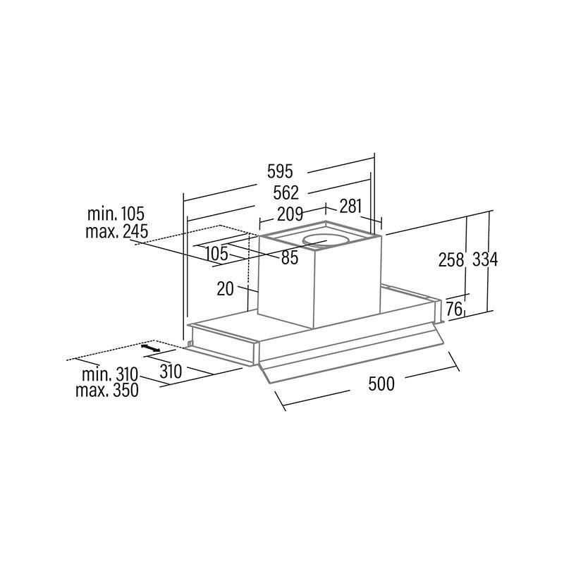Campana integrable Cata CORONA WH 60/B – 600 m³/h, Clase A, Bajo mueble