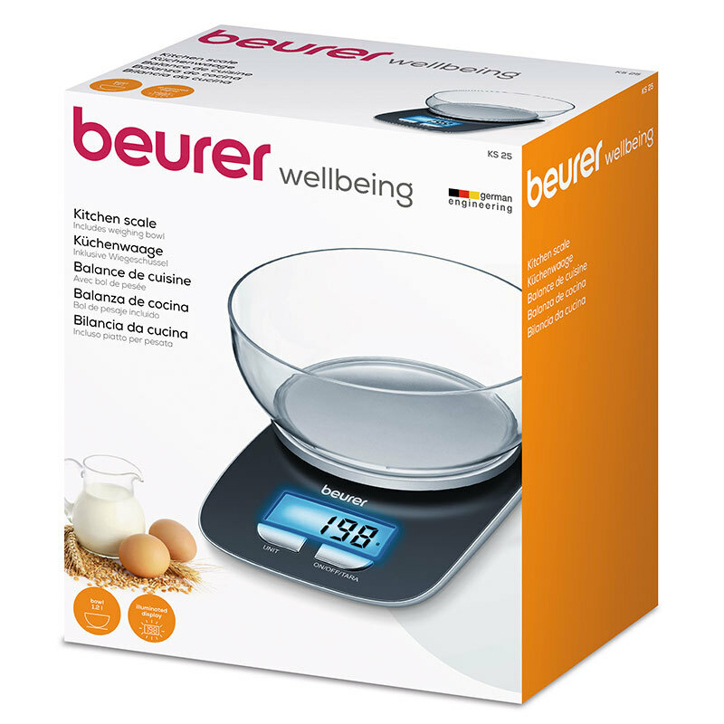 Báscula de cocina Beurer KS 25 – Precisión 1 g, Capacidad 3 kg, Bol 1,2 l