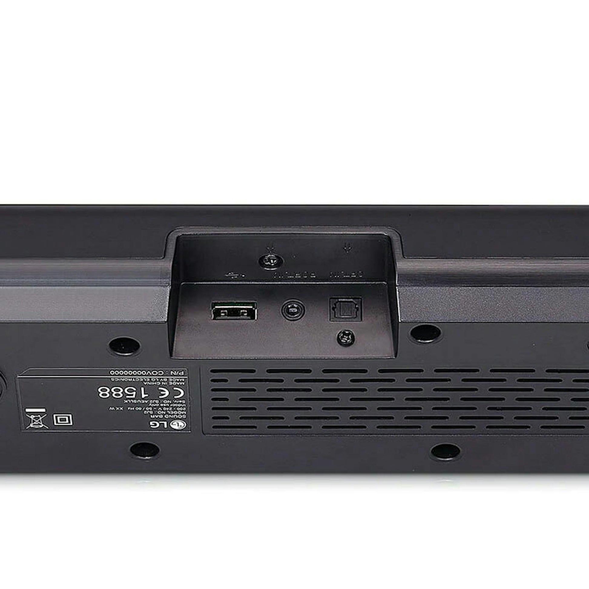 Parte trasera de la barra de sonido LG SQC1 con puertos de conexión